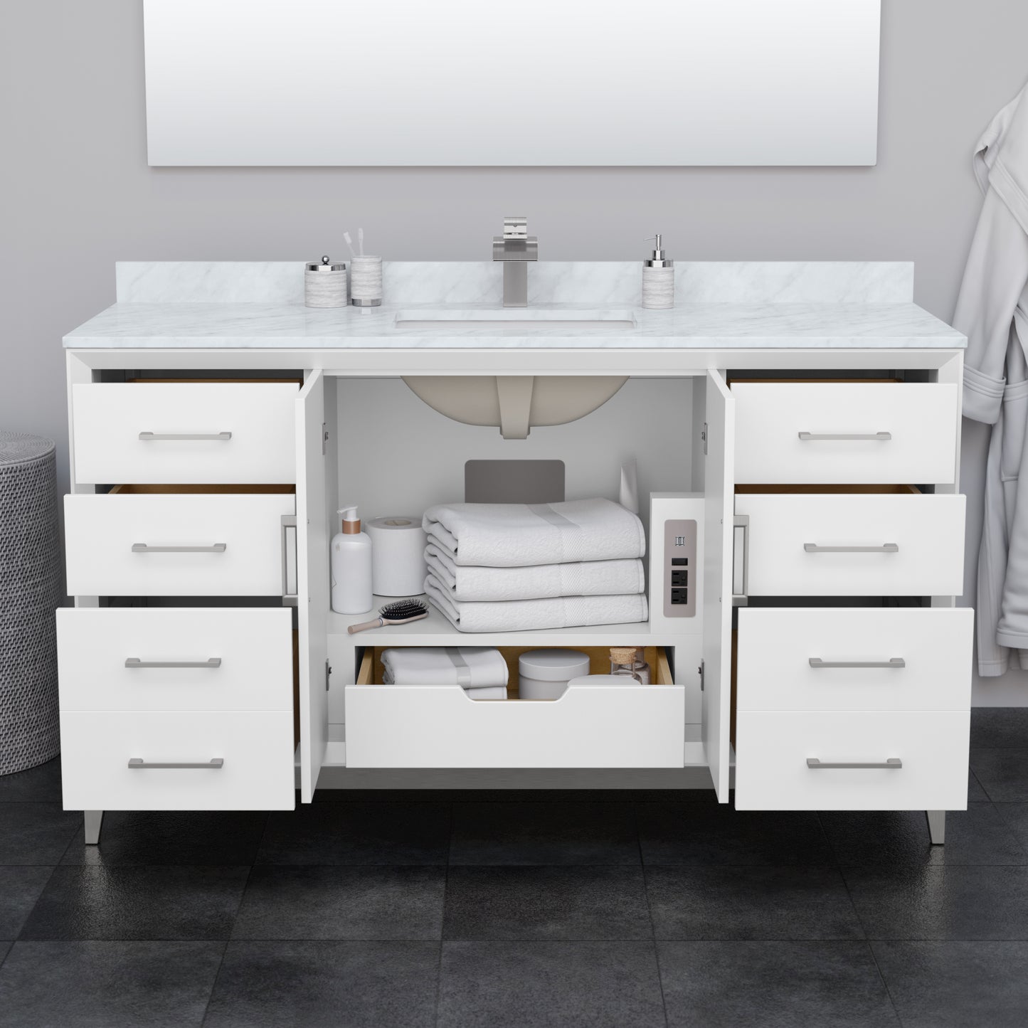 Amici 60 Inch Single Bathroom Vanity in White, Carrara Cultured Marble Countertop, Undermount Square Sink, Brushed Nickel Trim