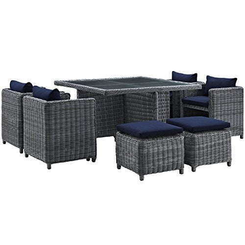Modway EEI-2334-GRY-RED-SET Summon 7 Piece Outdoor Patio Sunbrella Dining Set in Canvas