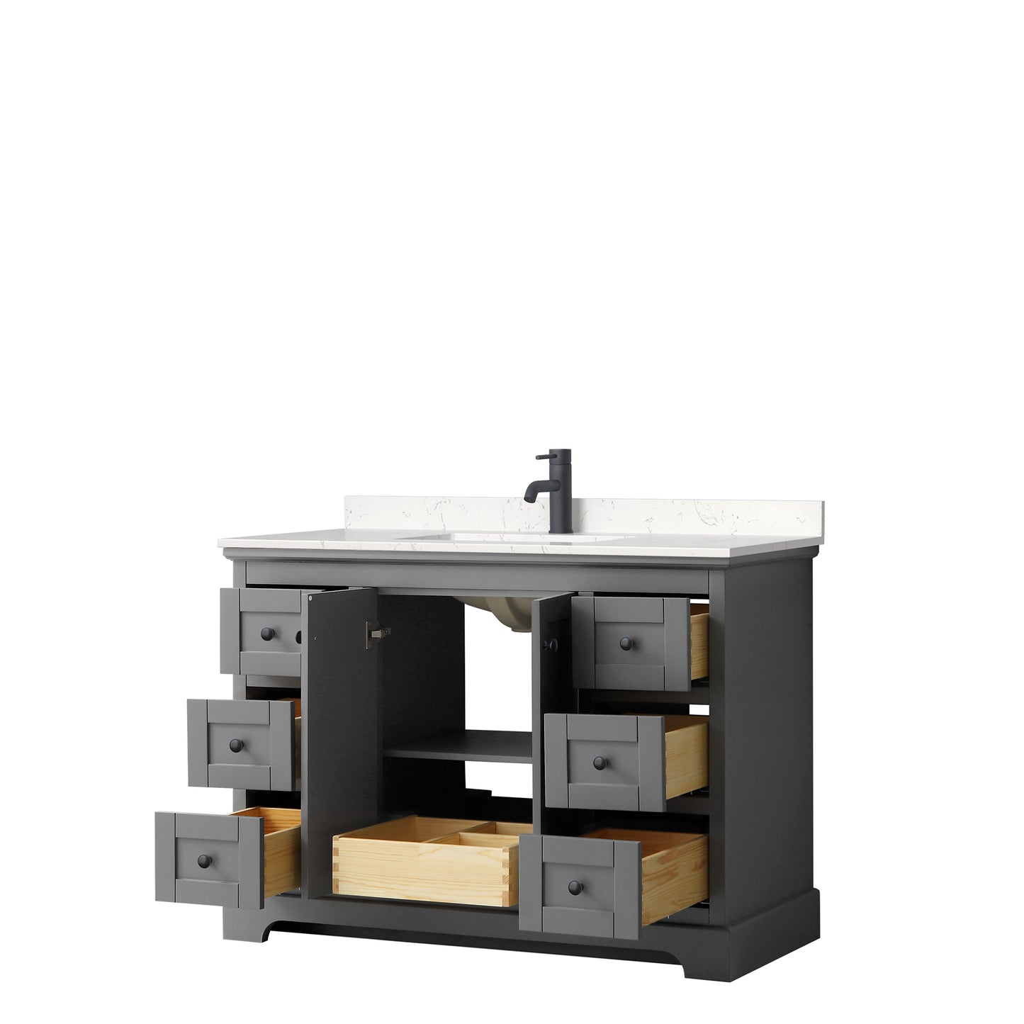 Avery 48 Inch Single Bathroom Vanity in Dark Gray, Carrara Cultured Marble Countertop, Undermount Square Sink, Matte Black Trim