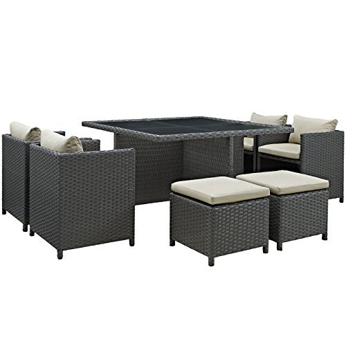 Modway EEI-2310-CHC-RED-SET Sojourn 11 Piece Outdoor Patio Sunbrella Dining Set in Canvas Red