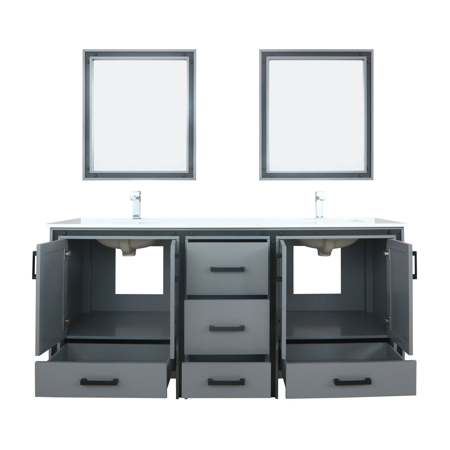 Ziva 72" Dark Grey Double Vanity, Cultured Marble Top, White Square Sink and 30" Mirrors w/ Faucet