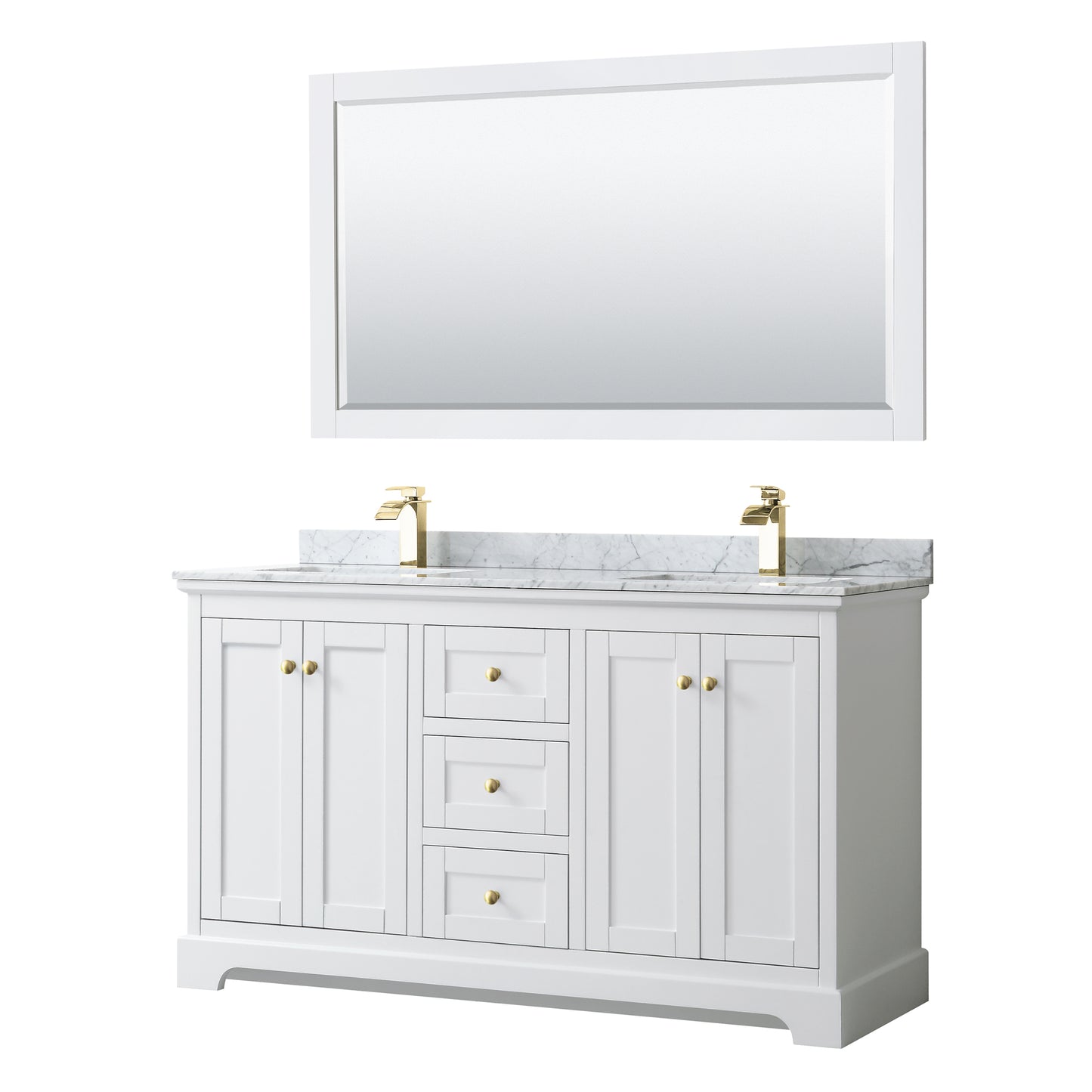 Avery 60 Inch Double Bathroom Vanity in White, White Carrara Marble Countertop, Undermount Square Sinks, 58 Inch Mirror, Brushed Gold Trim