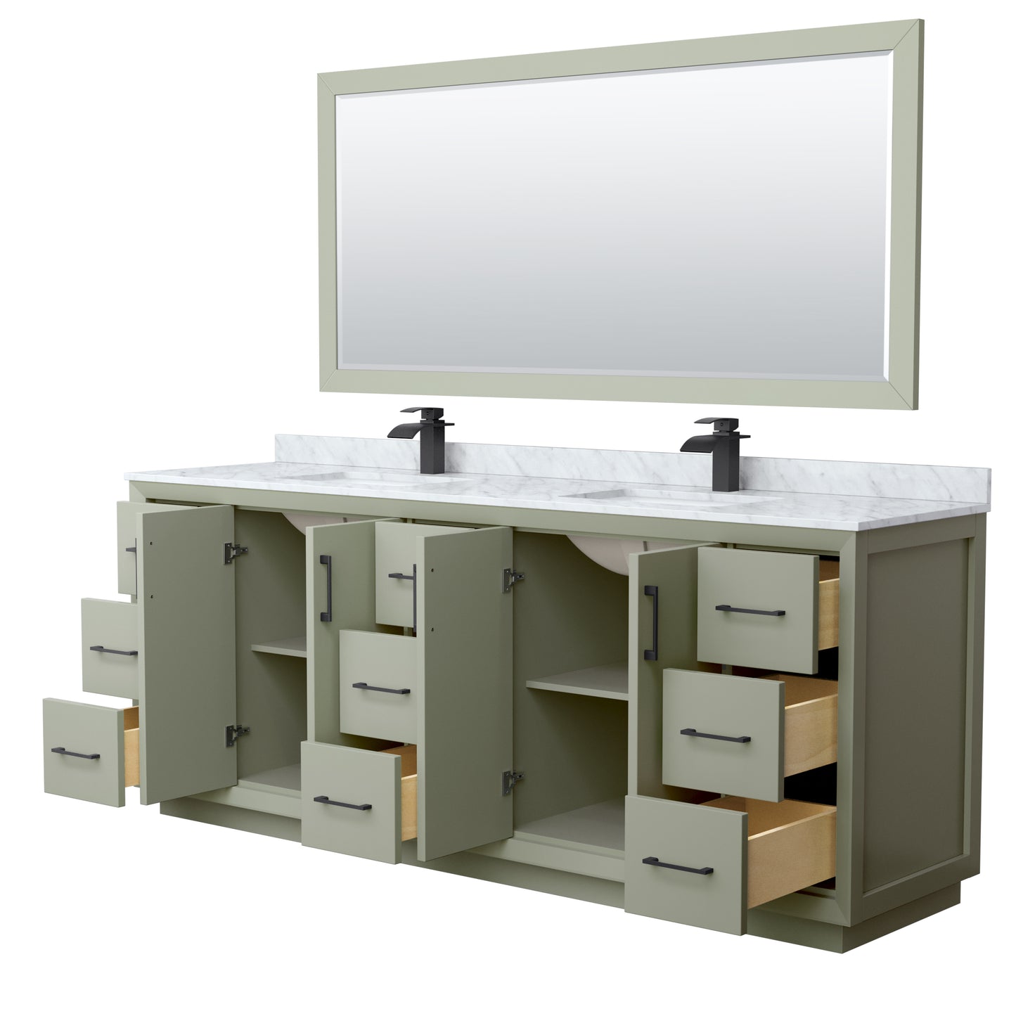 Strada 84 Inch Double Bathroom Vanity in Light Green, White Carrara Marble Countertop, Undermount Square Sinks, Matte Black Trim, 70 Inch Mirror