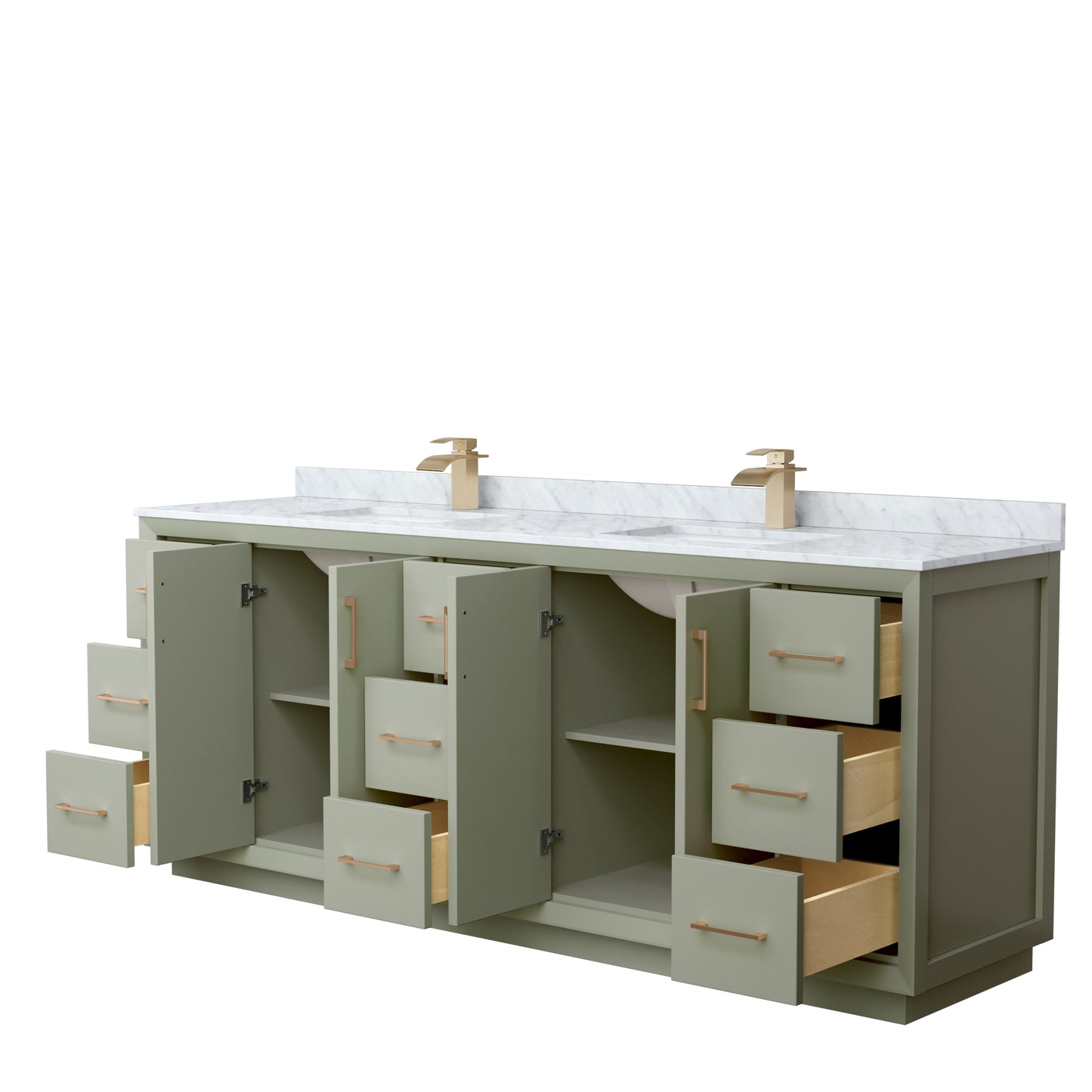 Strada 84 Inch Double Bathroom Vanity in Light Green, White Carrara Marble Countertop, Undermount Square Sinks, Satin Bronze Trim