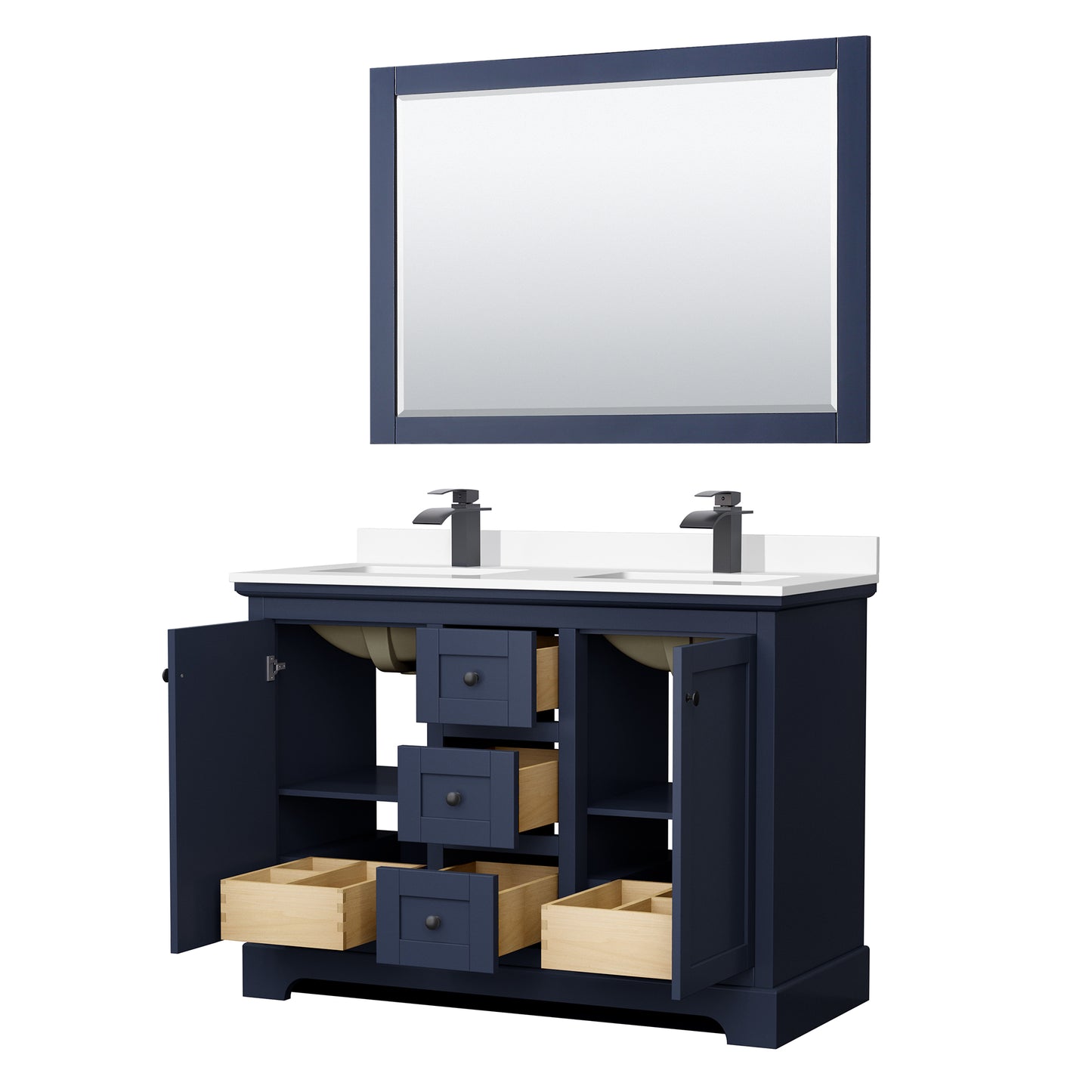 Avery 48 Inch Double Bathroom Vanity in Dark Blue, White Cultured Marble Countertop, Undermount Square Sinks, Matte Black Trim, 46 Inch Mirror
