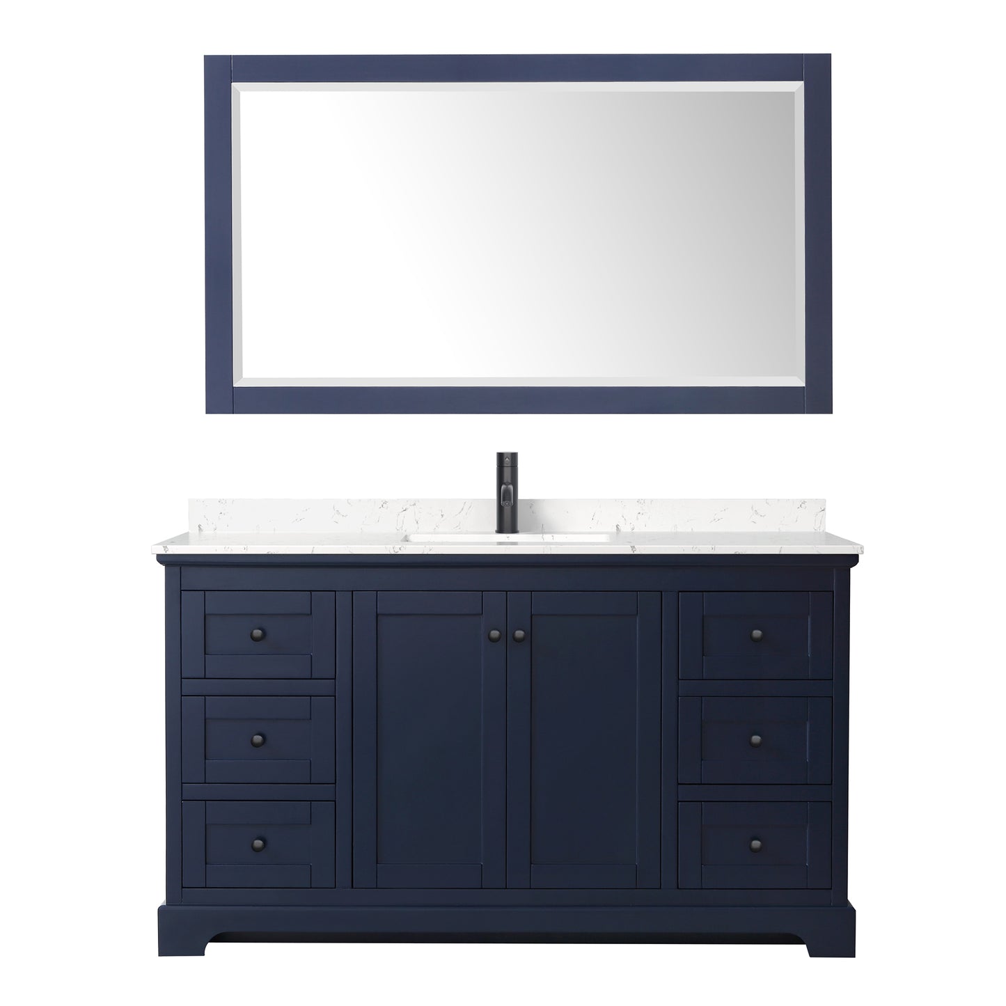 Avery 60 Inch Single Bathroom Vanity in Dark Blue, Carrara Cultured Marble Countertop, Undermount Square Sink, Matte Black Trim, 58 Inch Mirror