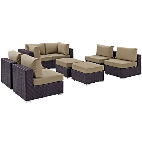 LexMod Convene 8 Piece Outdoor Patio Sectional Set in Espresso Mocha