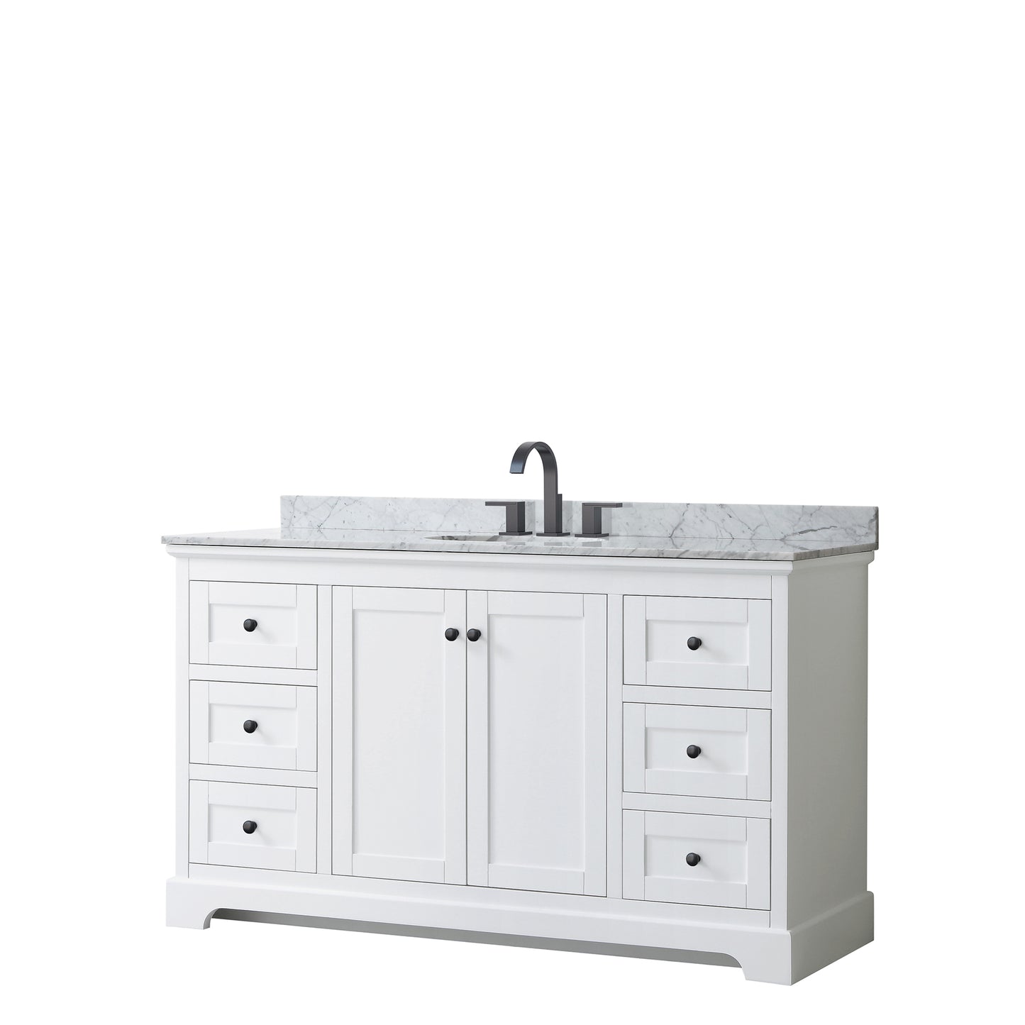 Avery 60 Inch Single Bathroom Vanity in White, White Carrara Marble Countertop, Undermount Oval Sink, Matte Black Trim