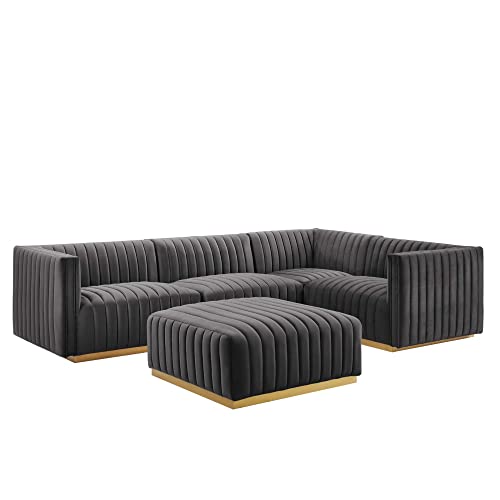 Modway Conjure 5-Piece Velvet and Stainless Steel Sectional Sofa in Gold/Gray