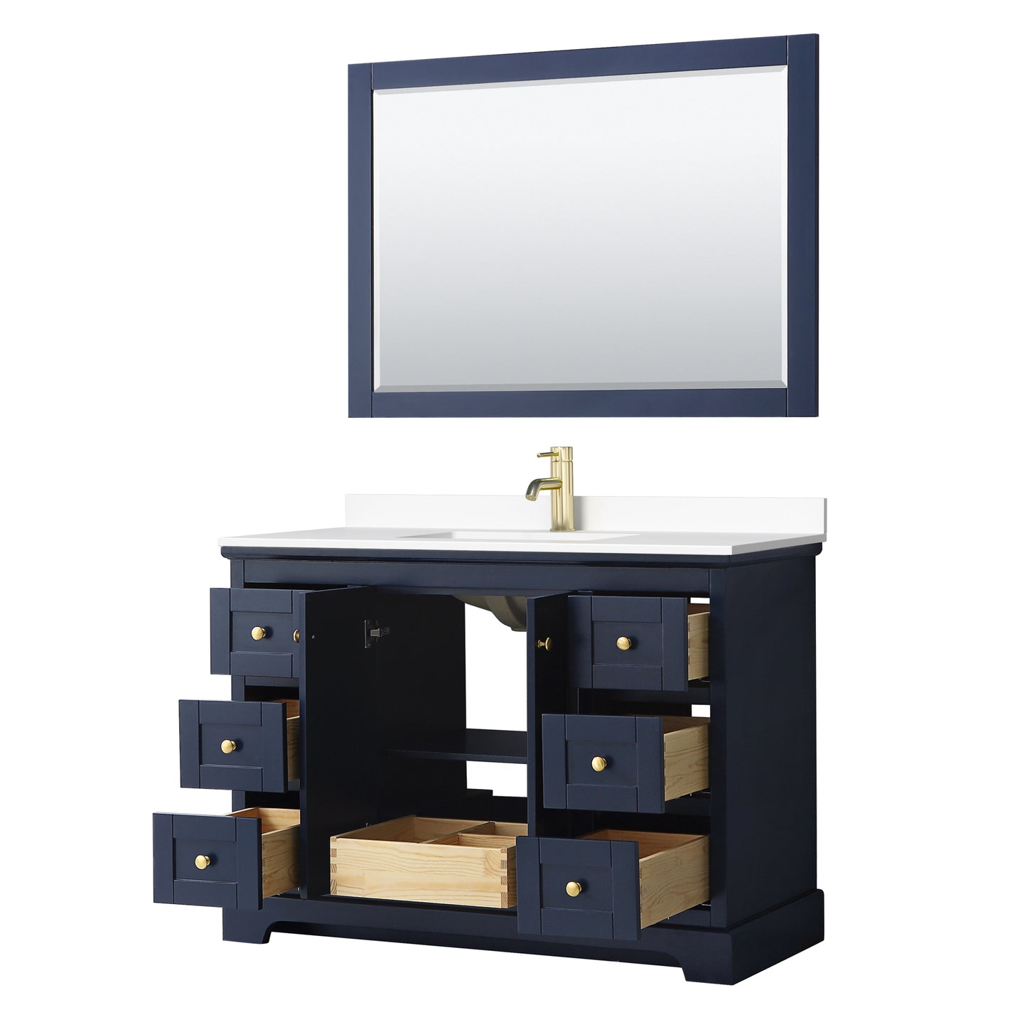 Avery 48 Inch Single Bathroom Vanity in Dark Blue, White Cultured Marble Countertop, Undermount Square Sink, 46 Inch Mirror