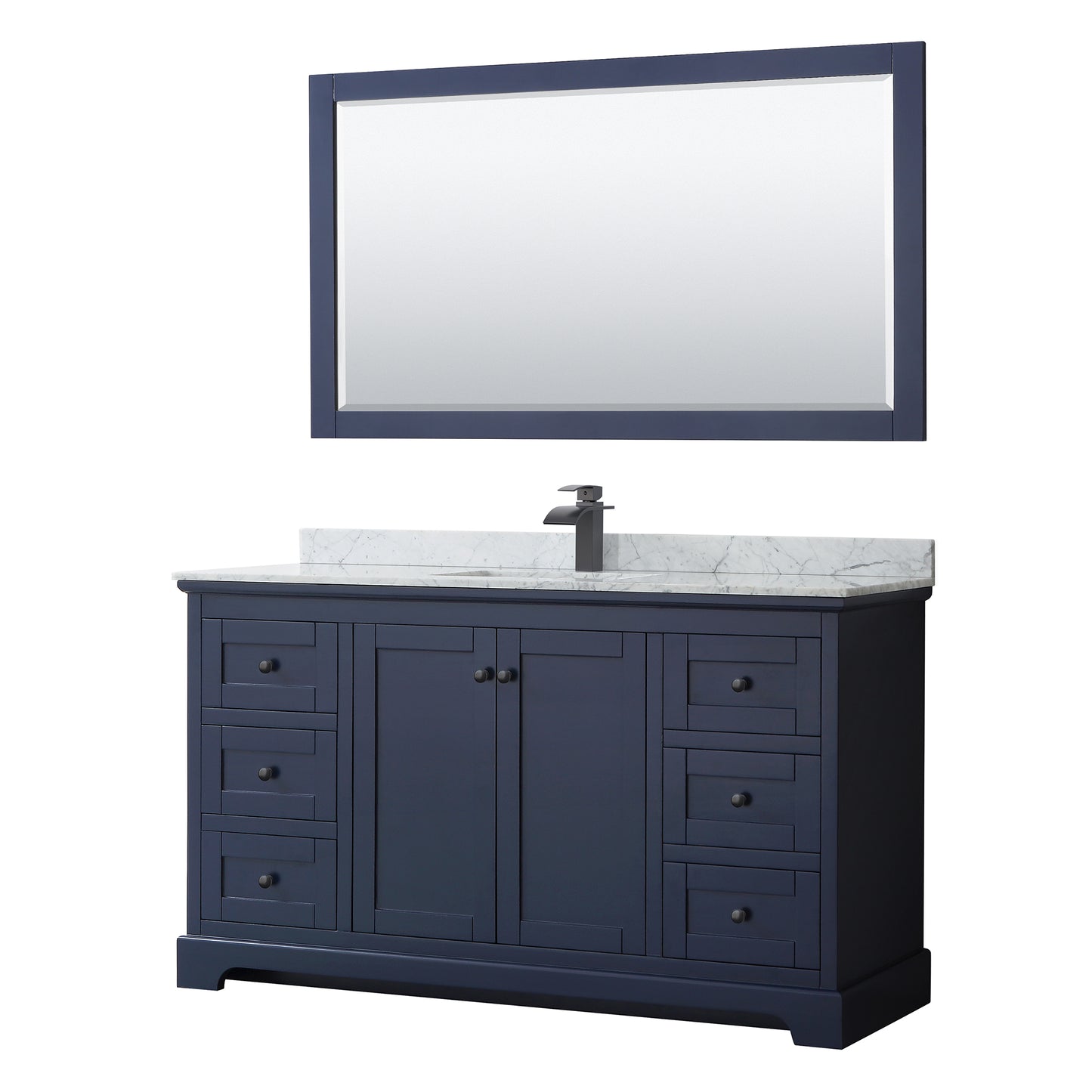 Avery 60 Inch Single Bathroom Vanity in Dark Blue, White Carrara Marble Countertop, Undermount Square Sink, Matte Black Trim, 58 Inch Mirror