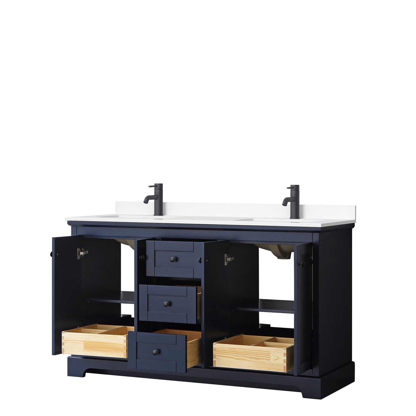 Avery 60 Inch Double Bathroom Vanity in Dark Blue, White Cultured Marble Countertop, Undermount Square Sinks, Matte Black Trim