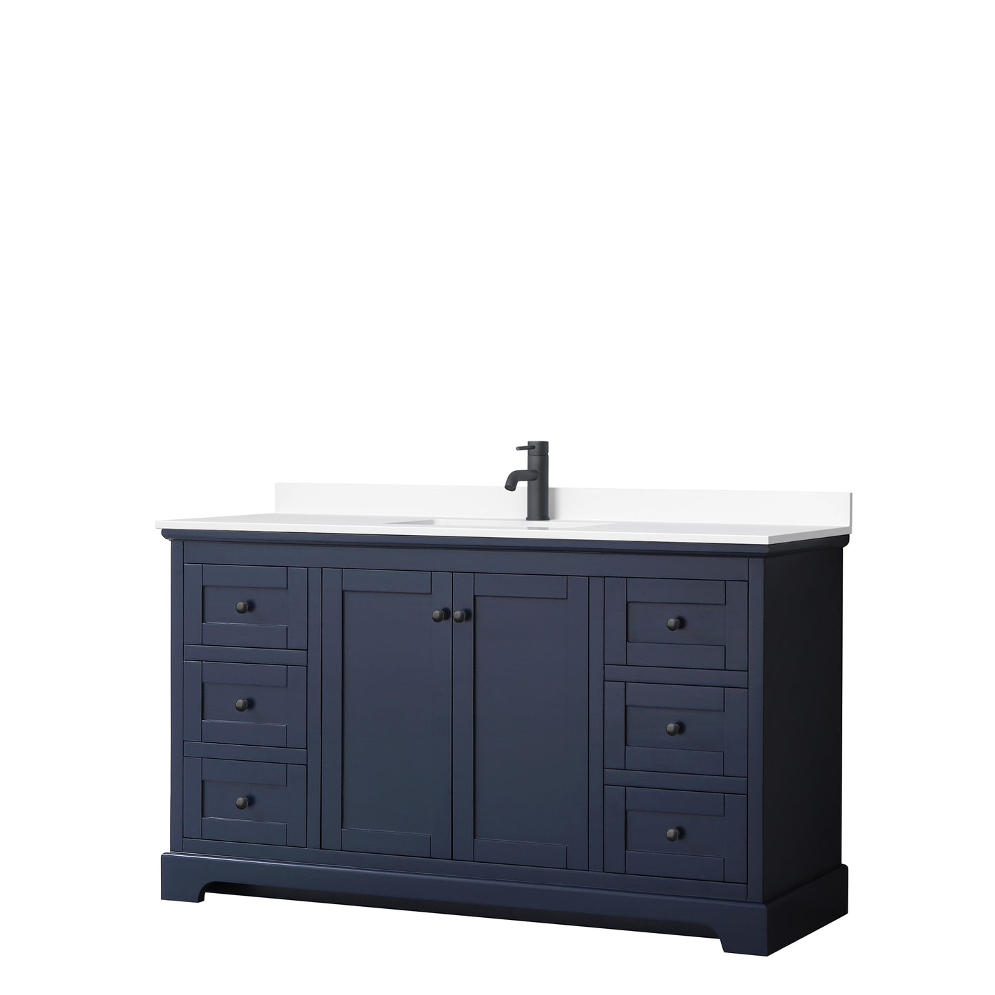 Avery 60 Inch Single Bathroom Vanity in Dark Blue, White Cultured Marble Countertop, Undermount Square Sink, Matte Black Trim