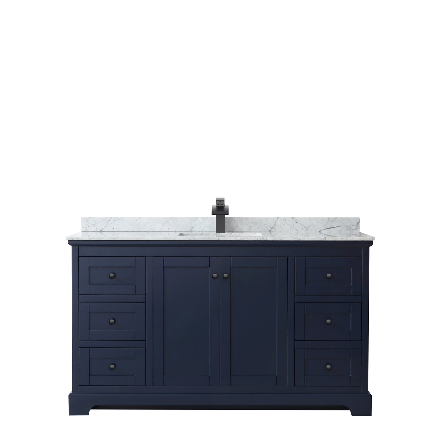 Avery 60 Inch Single Bathroom Vanity in Dark Blue, White Carrara Marble Countertop, Undermount Square Sink, Matte Black Trim