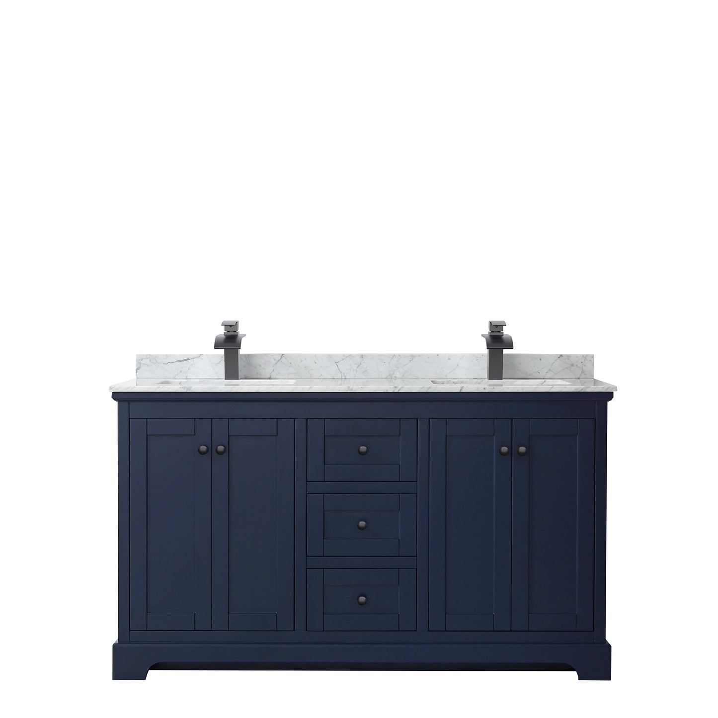 Avery 60 Inch Double Bathroom Vanity in Dark Blue, White Carrara Marble Countertop, Undermount Square Sinks, Matte Black Trim