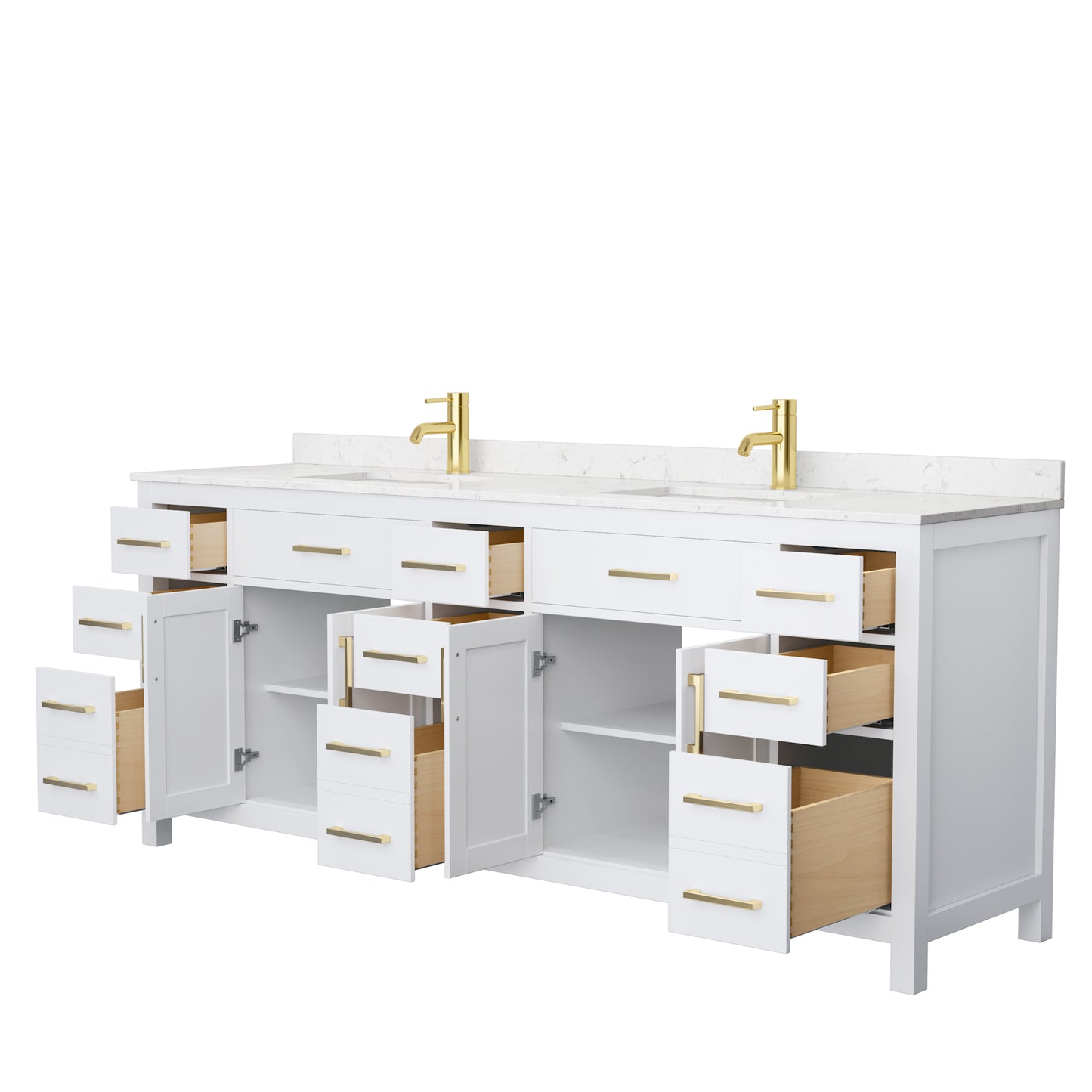 Beckett 84 Inch Double Bathroom Vanity in White, Carrara Cultured Marble Countertop, Undermount Square Sinks, Brushed Gold Trim