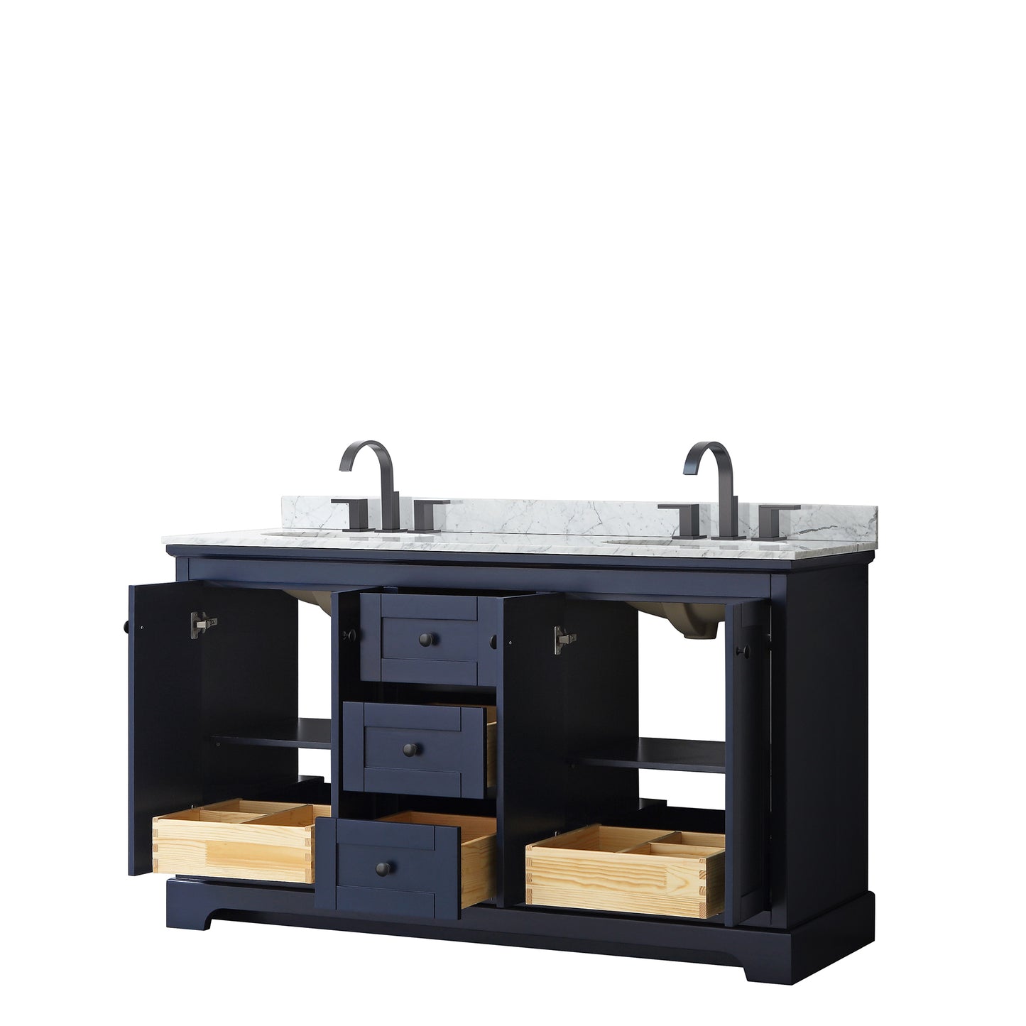 Avery 60 Inch Double Bathroom Vanity in Dark Blue, White Carrara Marble Countertop, Undermount Oval Sinks, Matte Black Trim