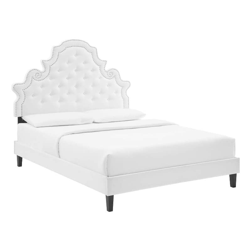 Modway Gwyneth Tufted Performance Velvet Full Platform Bed in White with Black Wood Legs