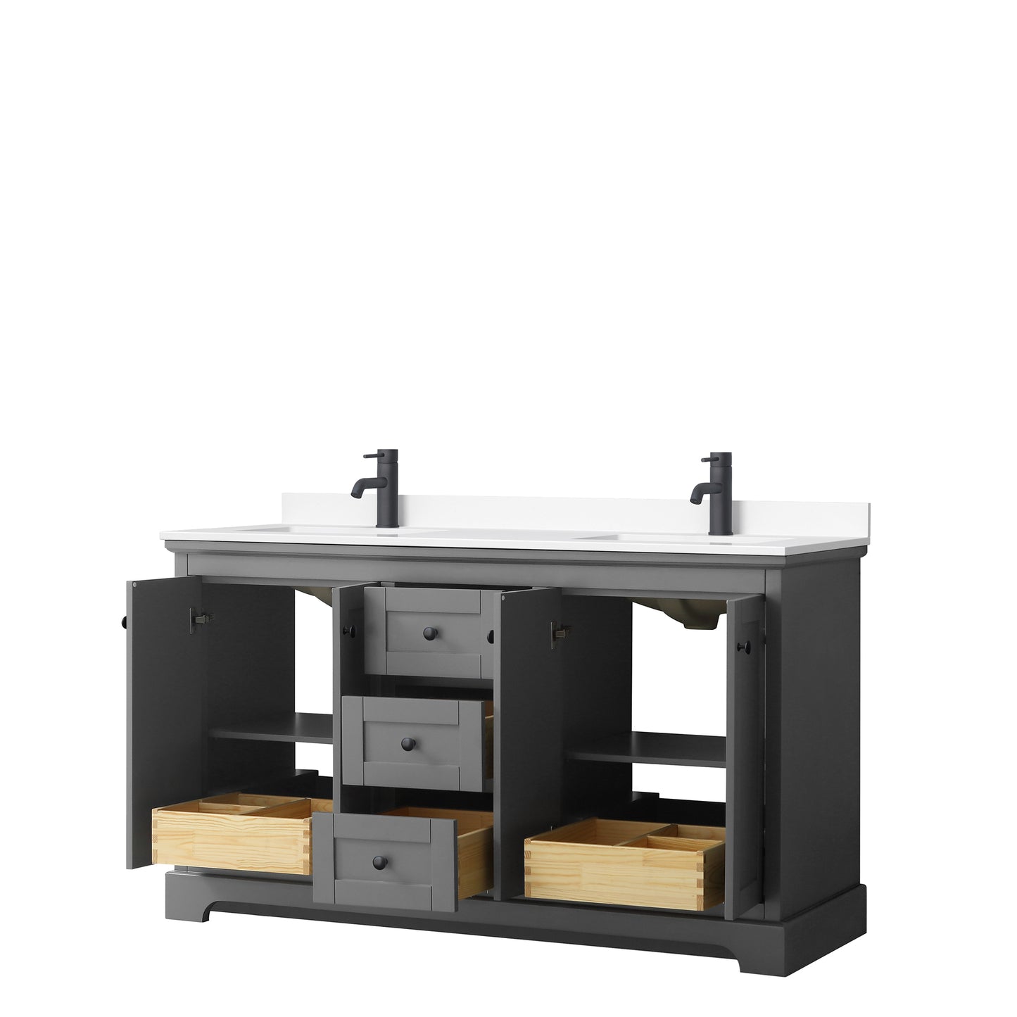 Avery 60 Inch Double Bathroom Vanity in Dark Gray, White Cultured Marble Countertop, Undermount Square Sinks, Matte Black Trim