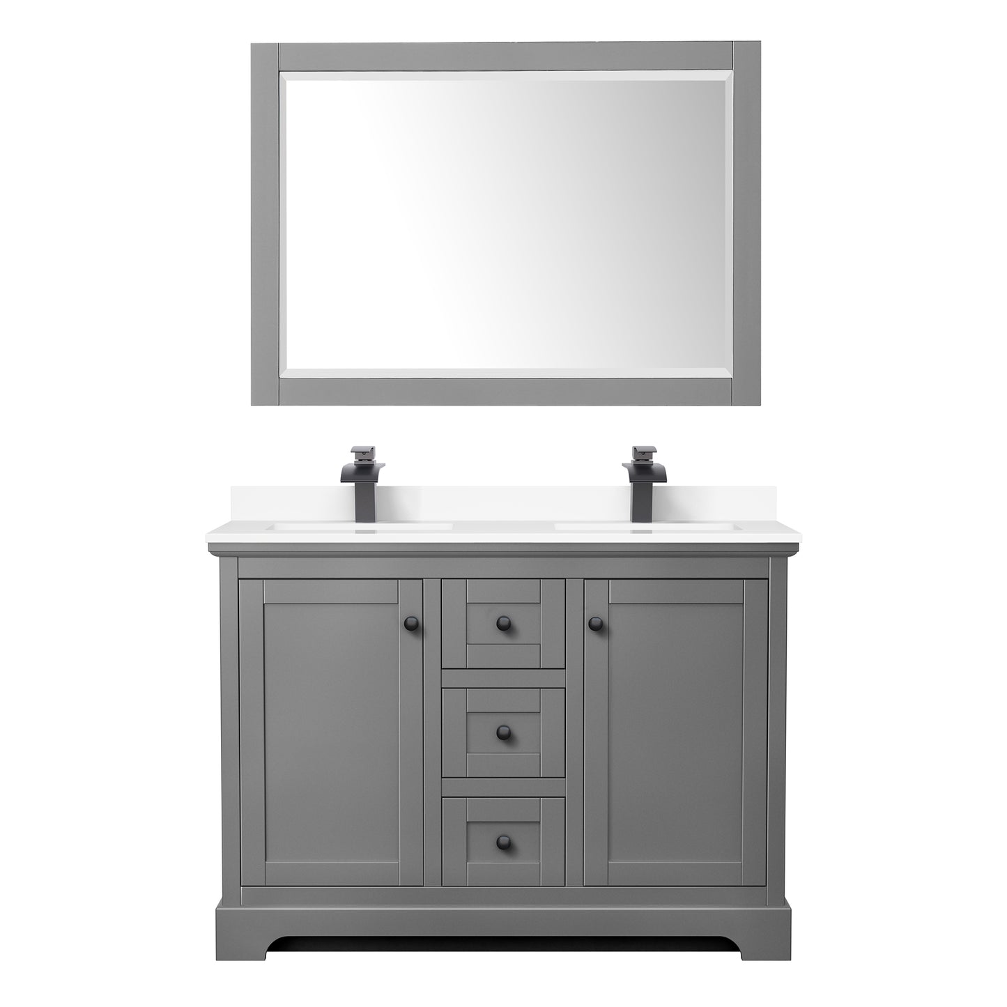 Avery 48 Inch Double Bathroom Vanity in Dark Gray, White Cultured Marble Countertop, Undermount Square Sinks, Matte Black Trim, 46 Inch Mirror