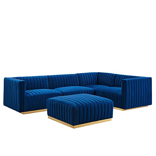 Modway Conjure 5-Piece Velvet and Stainless Steel Sectional Sofa in Gold/Navy
