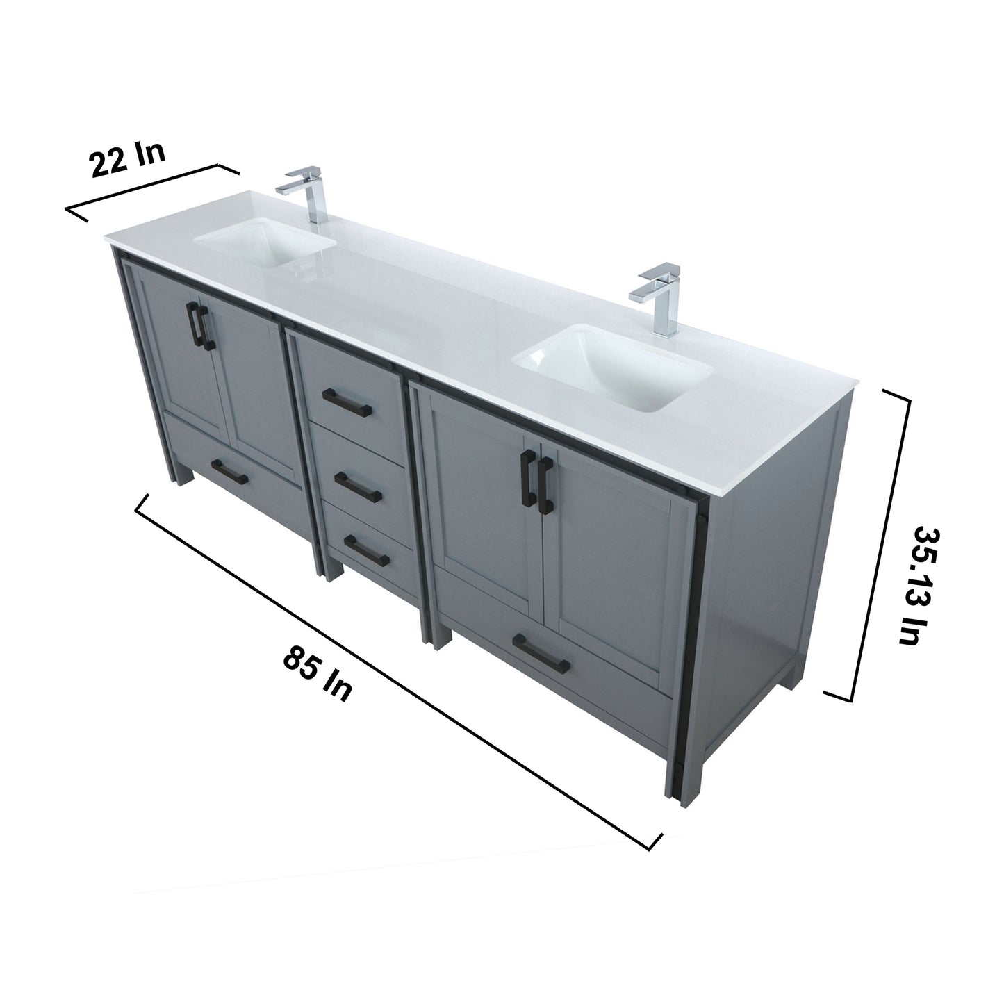 Ziva 84" Dark Grey Double Vanity, Cultured Marble Top, White Square Sink and 34" Mirrors w/ Faucet