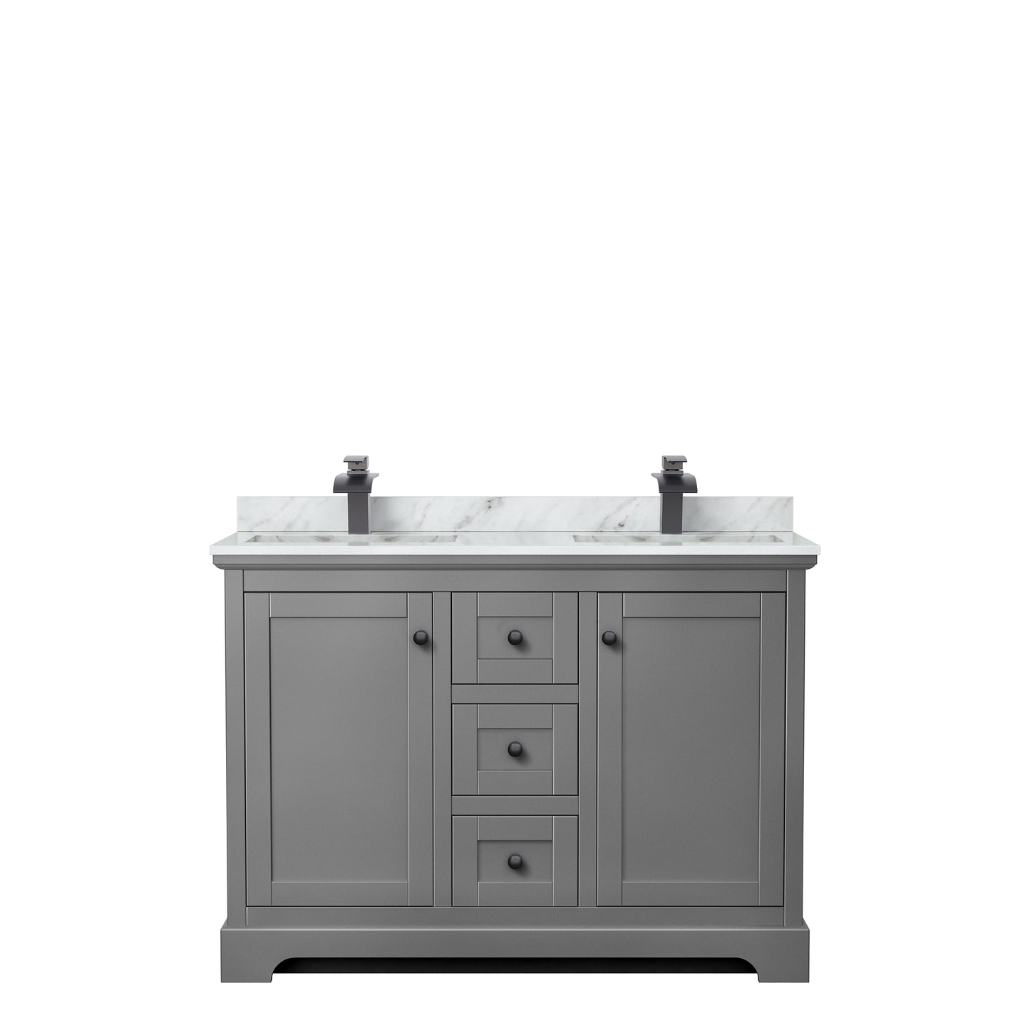 Avery 48 Inch Double Bathroom Vanity in Dark Gray, White Carrara Marble Countertop, Undermount Square Sinks, Matte Black Trim