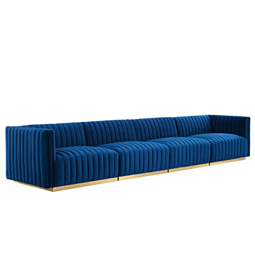 Modway Conjure 4-Piece Velvet and Stainless Steel Sofa in Gold/Navy