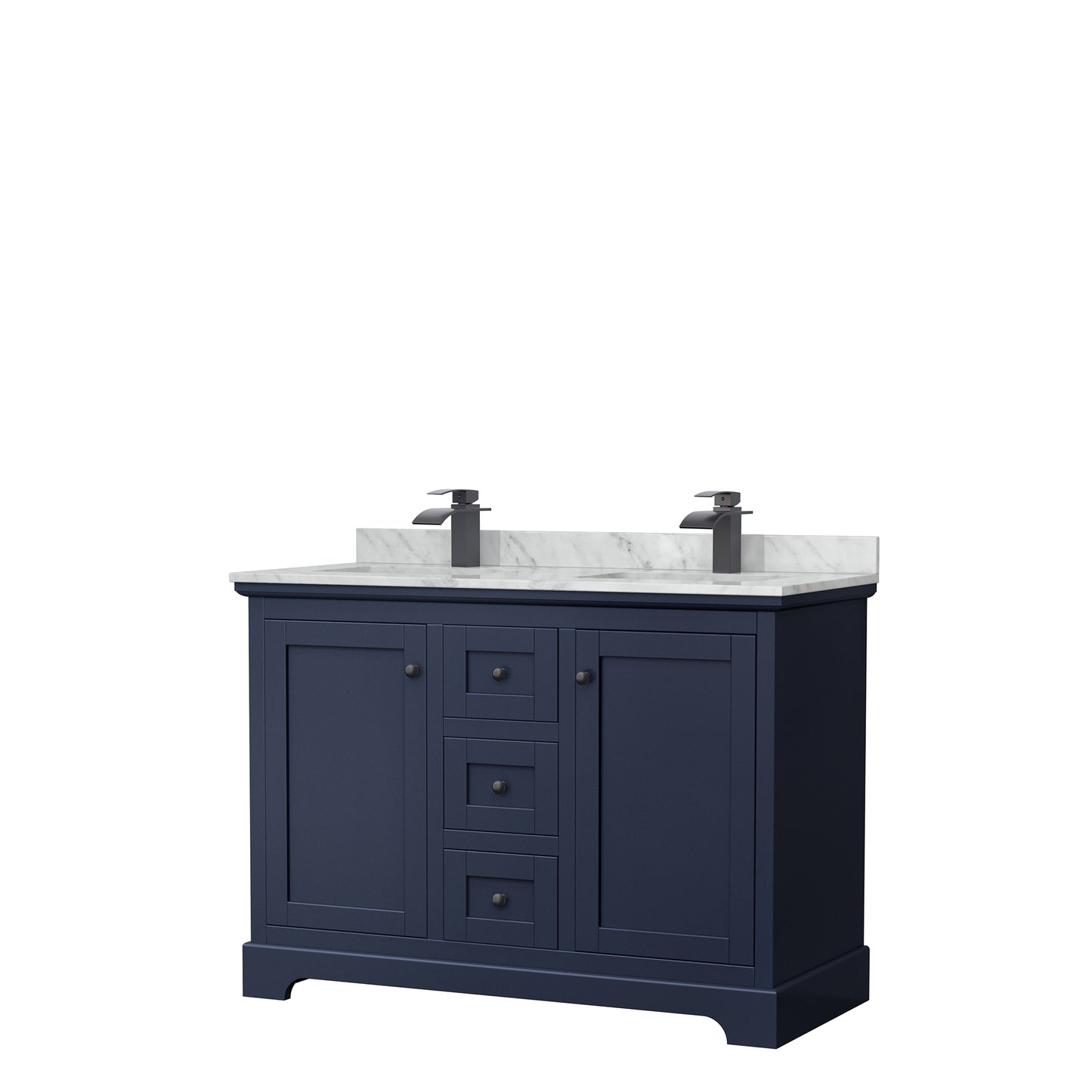 Avery 48 Inch Double Bathroom Vanity in Dark Blue, White Carrara Marble Countertop, Undermount Square Sinks, Matte Black Trim