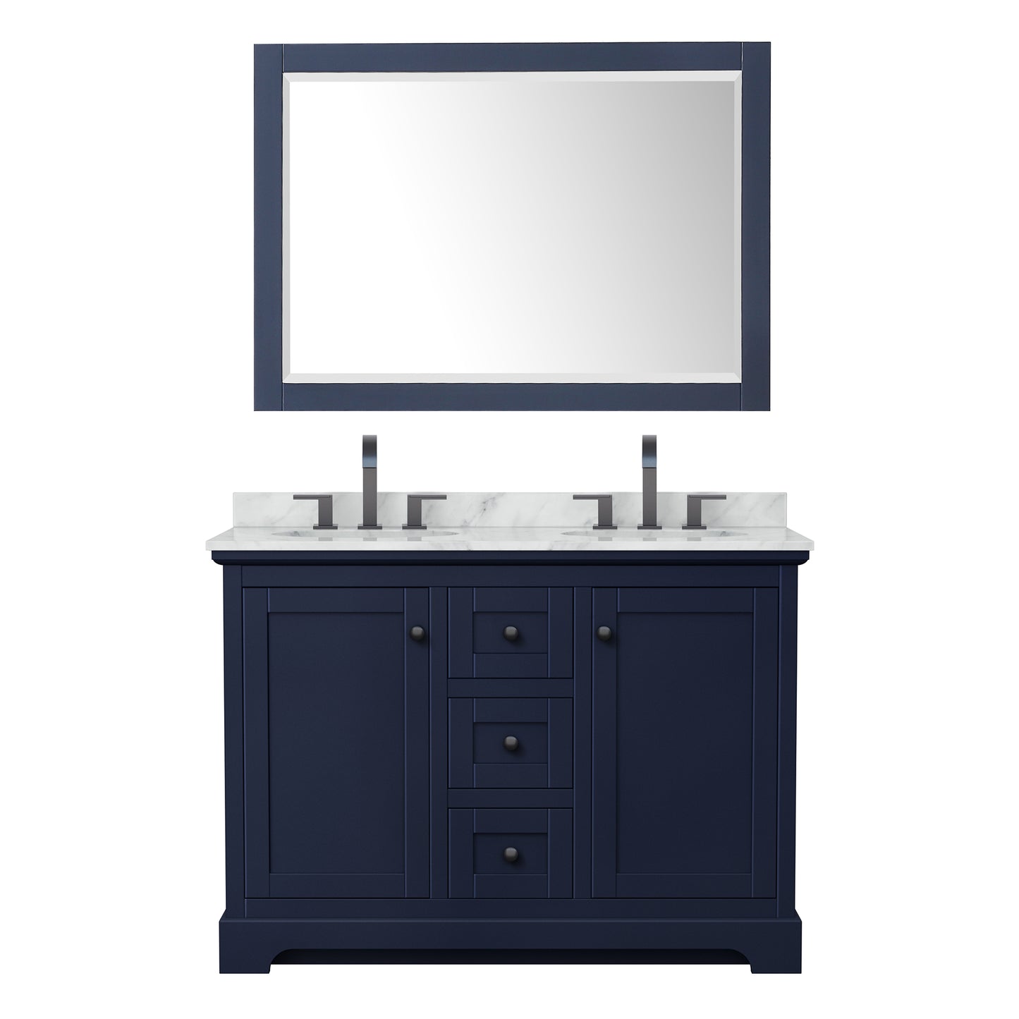 Avery 48 Inch Double Bathroom Vanity in Dark Blue, White Carrara Marble Countertop, Undermount Oval Sinks, Matte Black Trim, 46 Inch Mirror