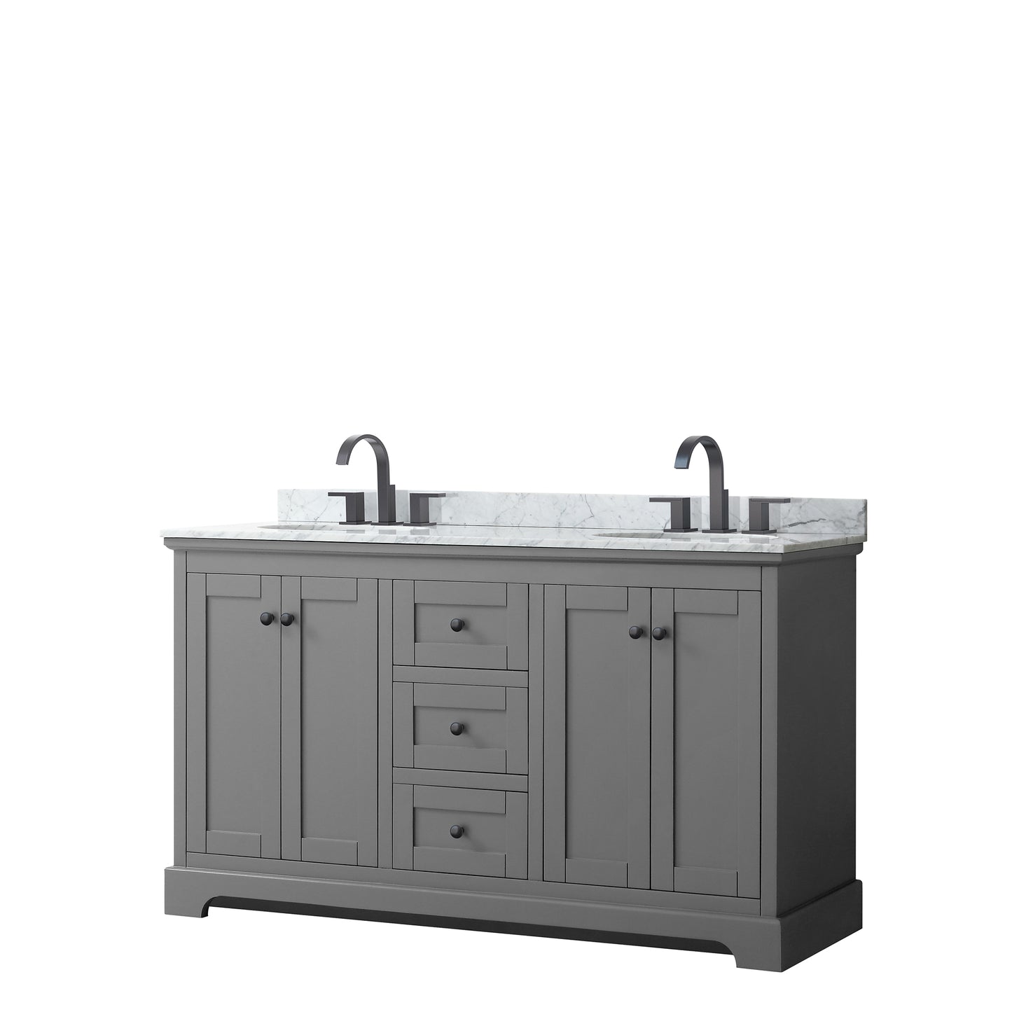 Avery 60 Inch Double Bathroom Vanity in Dark Gray, White Carrara Marble Countertop, Undermount Oval Sinks, Matte Black Trim