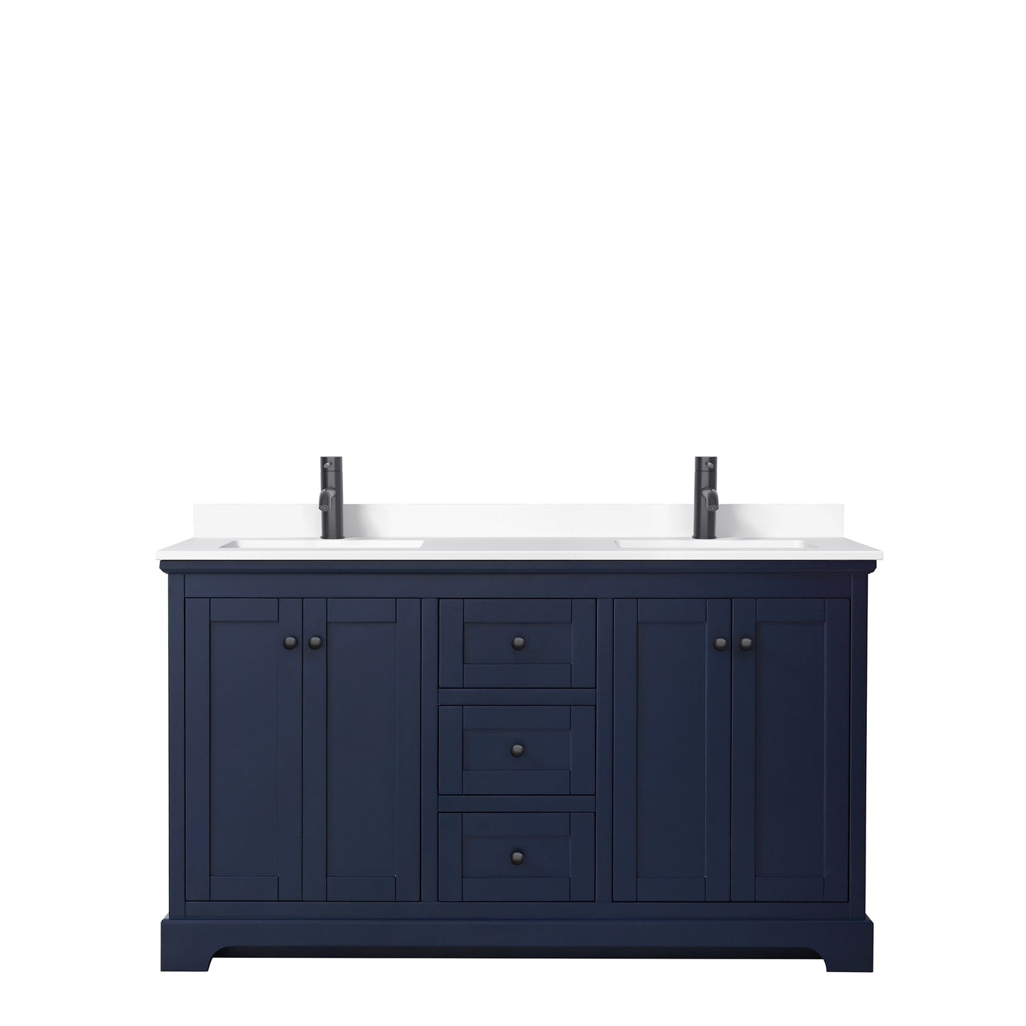 Avery 60 Inch Double Bathroom Vanity in Dark Blue, White Cultured Marble Countertop, Undermount Square Sinks, Matte Black Trim