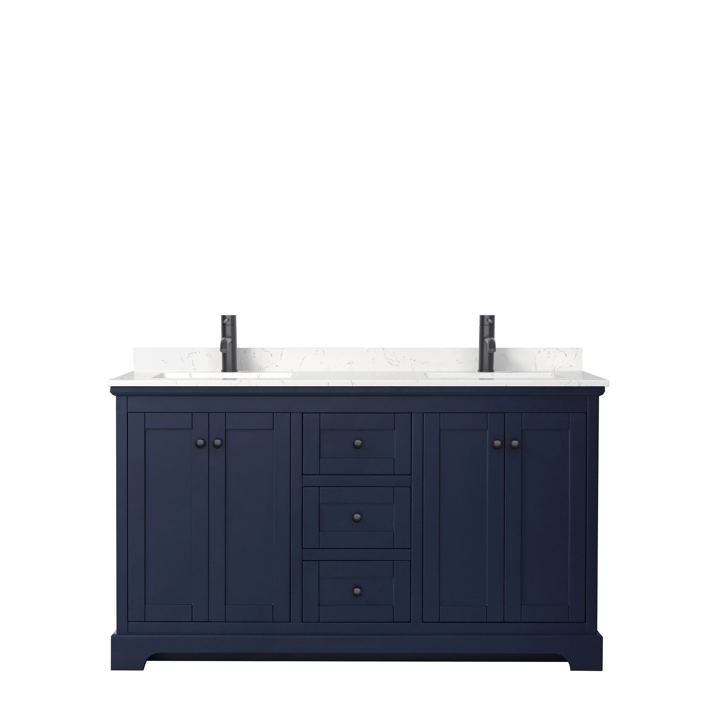 Avery 60 Inch Double Bathroom Vanity in Dark Blue, Carrara Cultured Marble Countertop, Undermount Square Sinks, Matte Black Trim