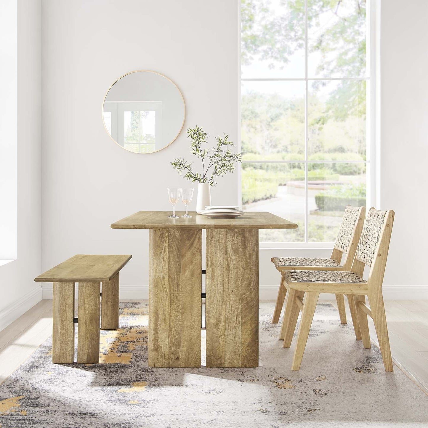 Modway Amistad 60" Wood Dining Table and Bench Set in Oak