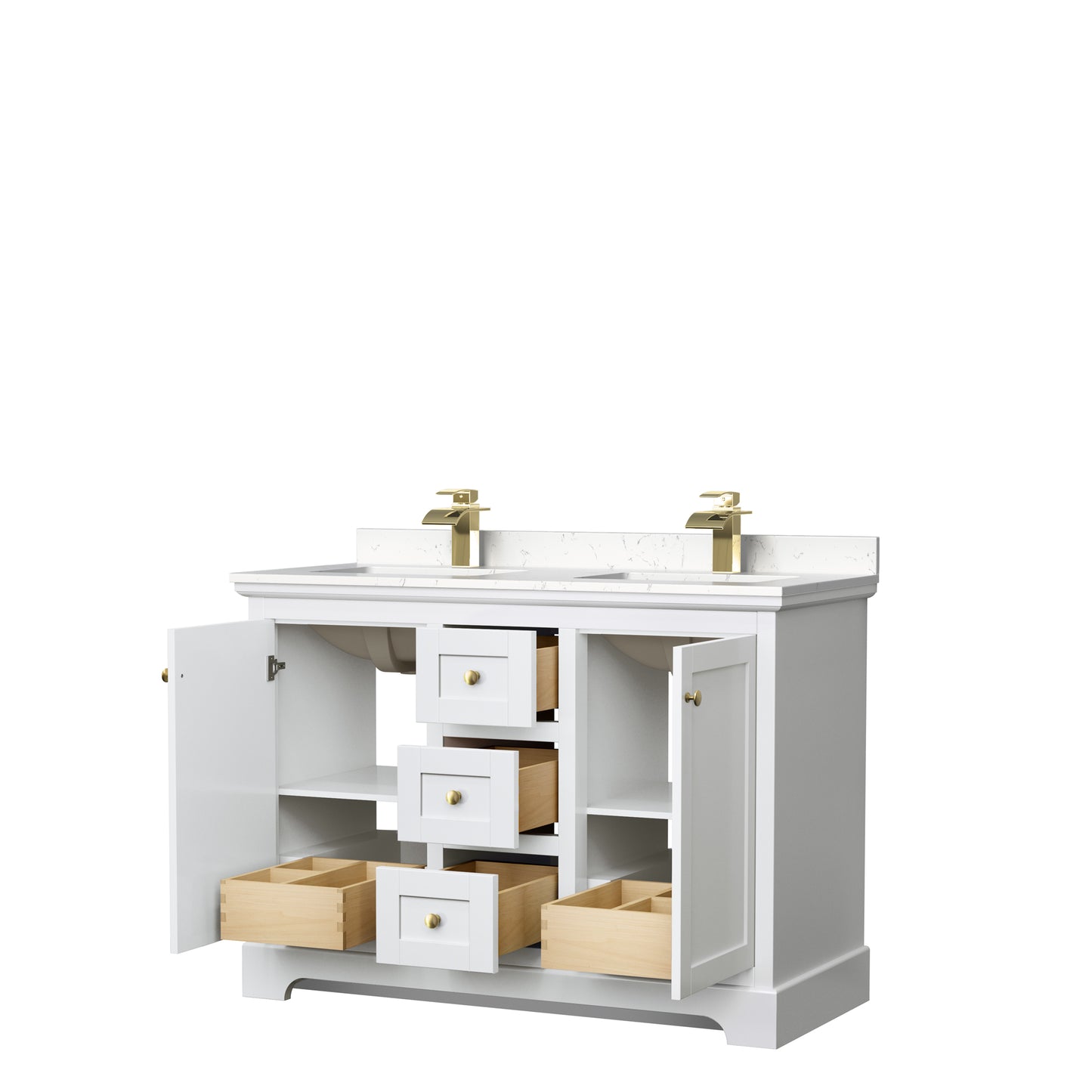 Avery 48 Inch Double Bathroom Vanity in White, Carrara Cultured Marble Countertop, Undermount Square Sinks, Brushed Gold Trim