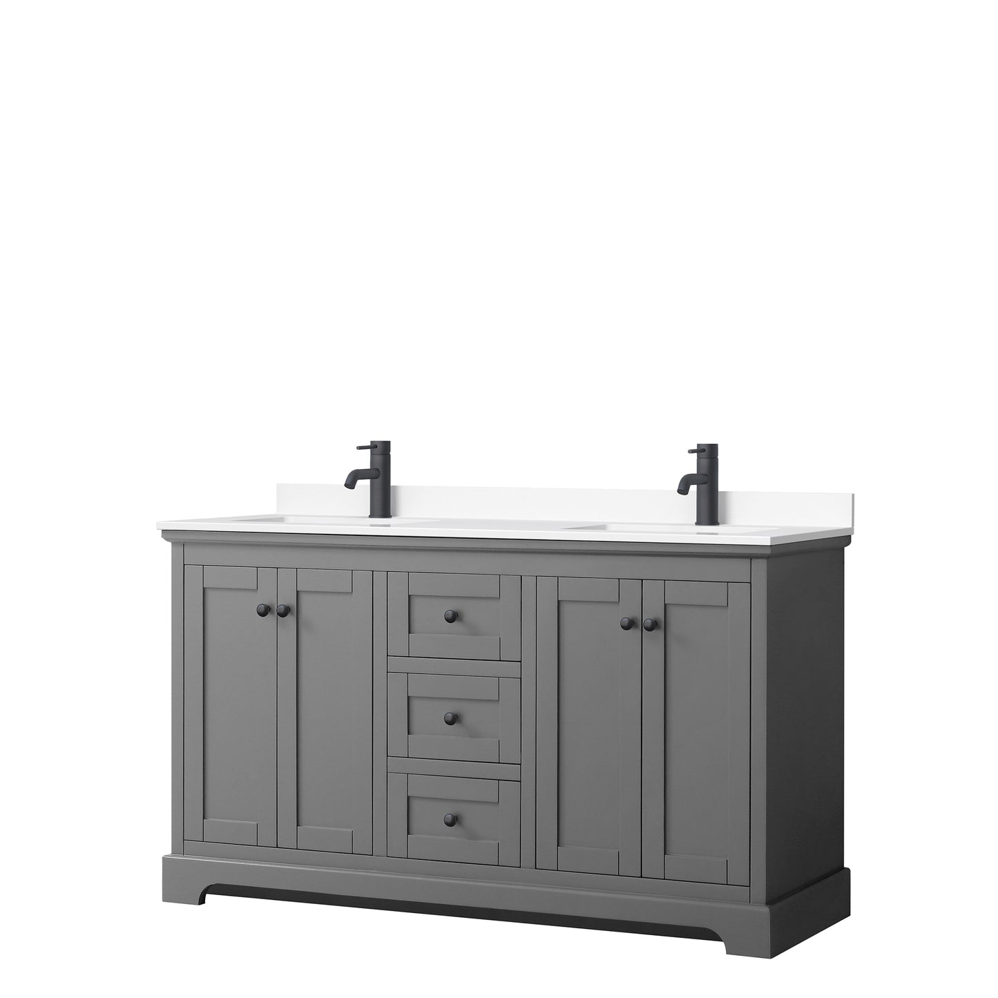 Avery 60 Inch Double Bathroom Vanity in Dark Gray, White Cultured Marble Countertop, Undermount Square Sinks, Matte Black Trim