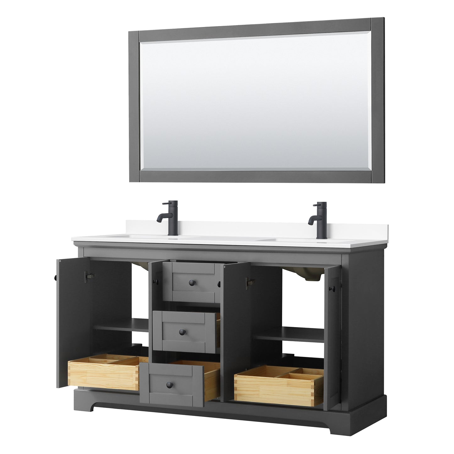 Avery 60 Inch Double Bathroom Vanity in Dark Gray, White Cultured Marble Countertop, Undermount Square Sinks, Matte Black Trim, 58 Inch Mirror