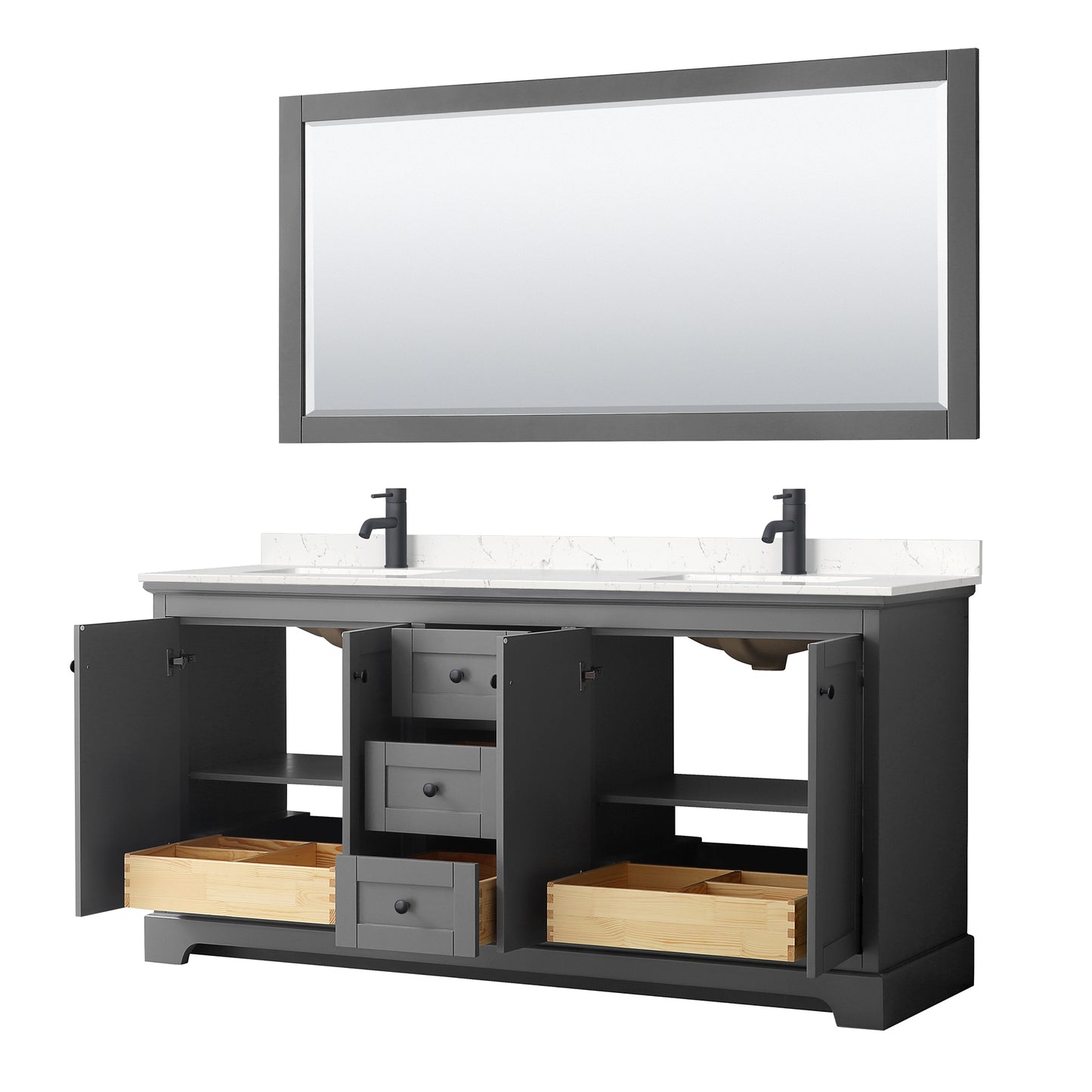 Avery 72 Inch Double Bathroom Vanity in Dark Gray, Carrara Cultured Marble Countertop, Undermount Square Sinks, Matte Black Trim, 70 Inch Mirror