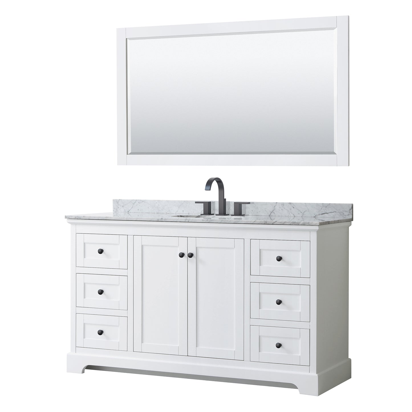 Avery 60 Inch Single Bathroom Vanity in White, White Carrara Marble Countertop, Undermount Oval Sink, Matte Black Trim, 58 Inch Mirror
