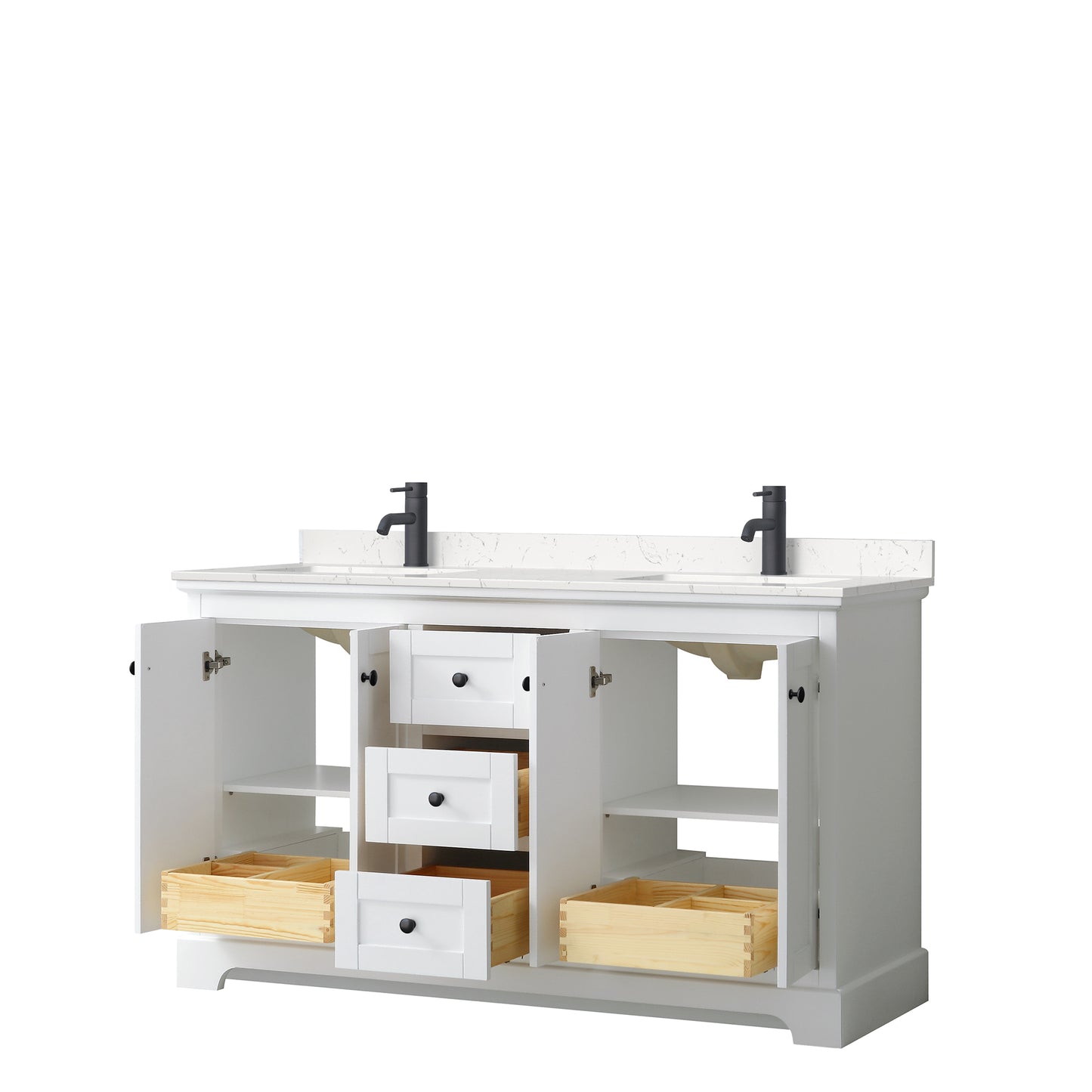 Avery 60 Inch Double Bathroom Vanity in White, Carrara Cultured Marble Countertop, Undermount Square Sinks, Matte Black Trim
