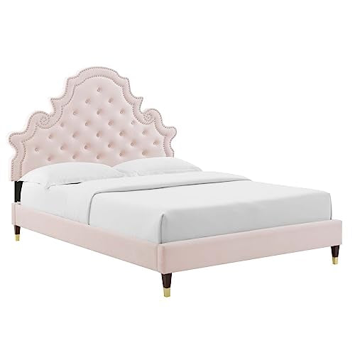 Modway Gwyneth Tufted Performance Velvet King Platform Bed in Pink with Wood and Gold Legs