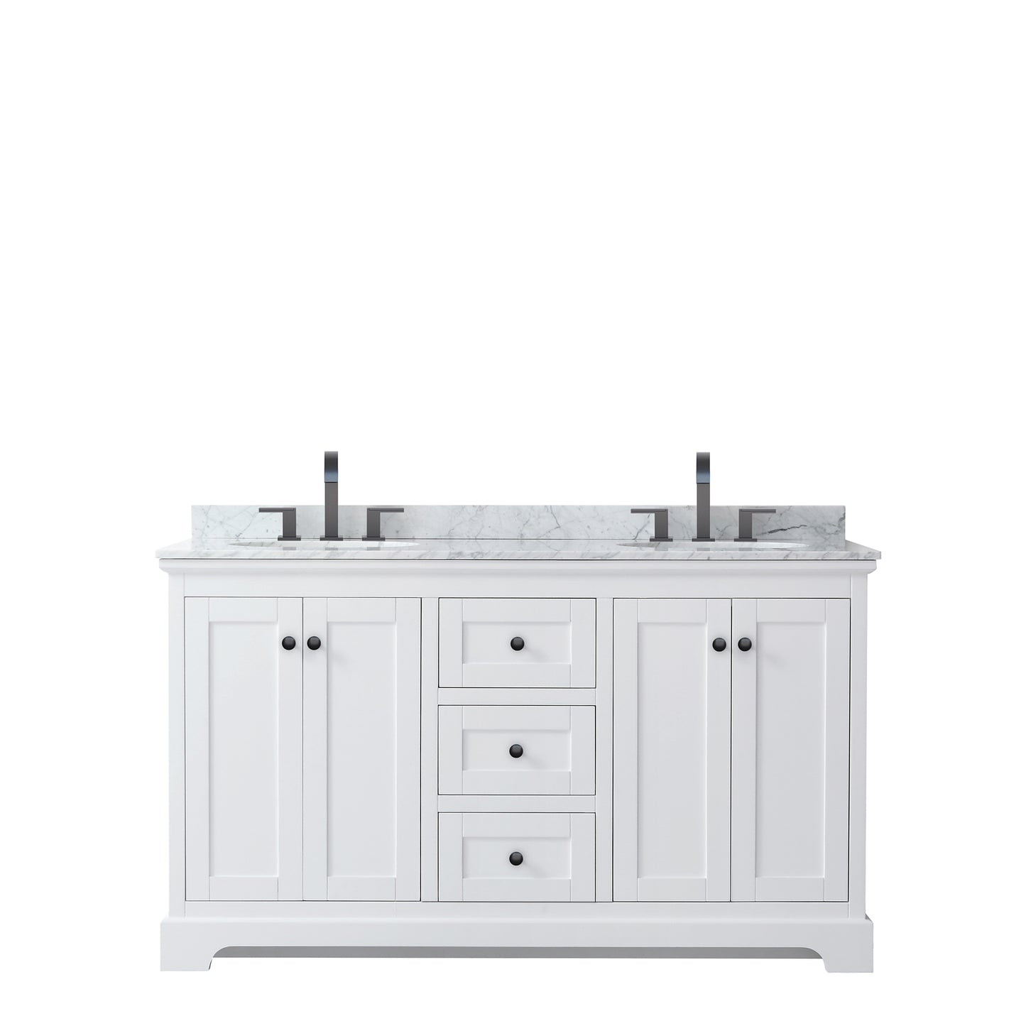 Avery 60 Inch Double Bathroom Vanity in White, White Carrara Marble Countertop, Undermount Oval Sinks, Matte Black Trim