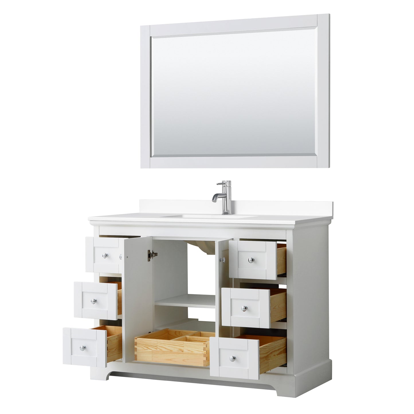 Avery 48 Inch Single Bathroom Vanity in White, White Cultured Marble Countertop, Undermount Square Sink, 46 Inch Mirror