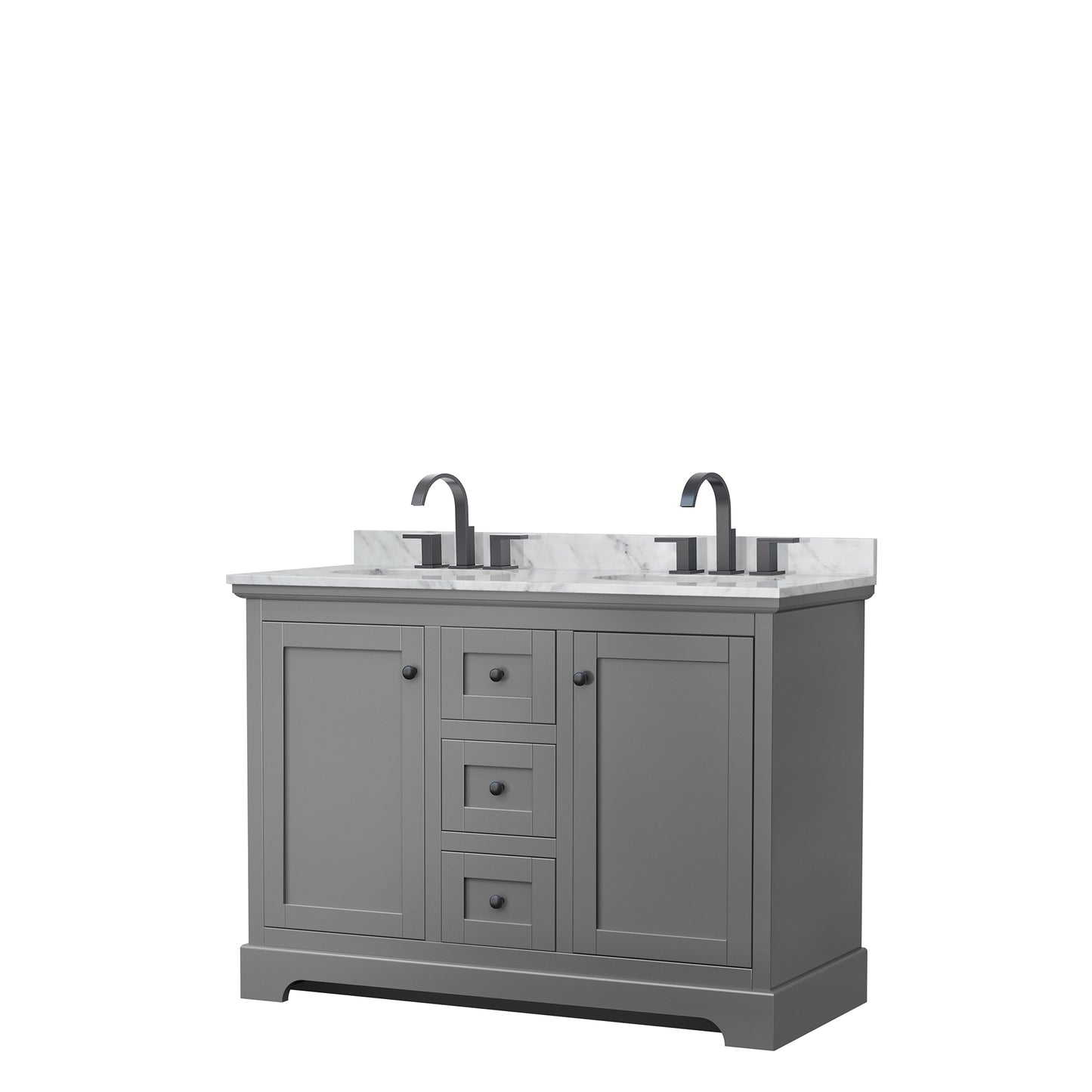 Avery 48 Inch Double Bathroom Vanity in Dark Gray, White Carrara Marble Countertop, Undermount Oval Sinks, Matte Black Trim