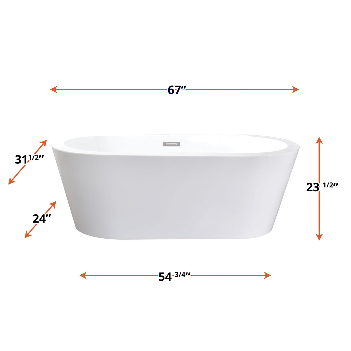 Lexora Lure 67 in White Freestanding Acrylic Flatbottom Soaking Bathtub with Chrome Hardware