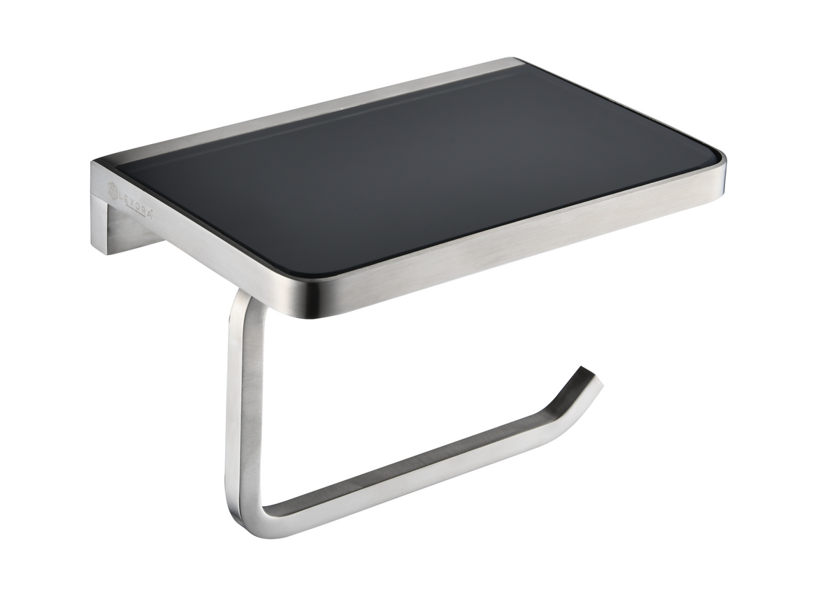 Lexora Bagno Bianca Stainless Steel Black Glass Shelf with Toilet Paper Holder in Brushed Nickel