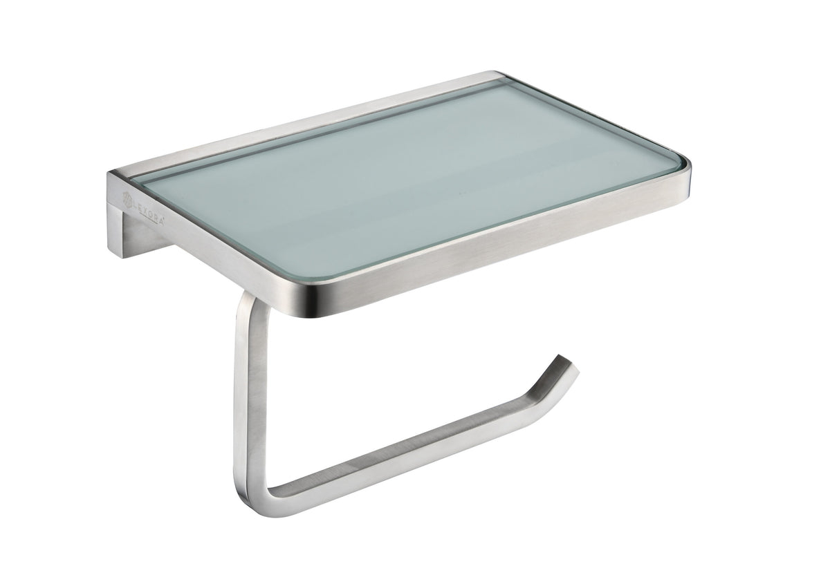 Lexora Bagno Bianca Stainless Steel White Glass Shelf with Toilet Paper Holder in Brushed Nickel