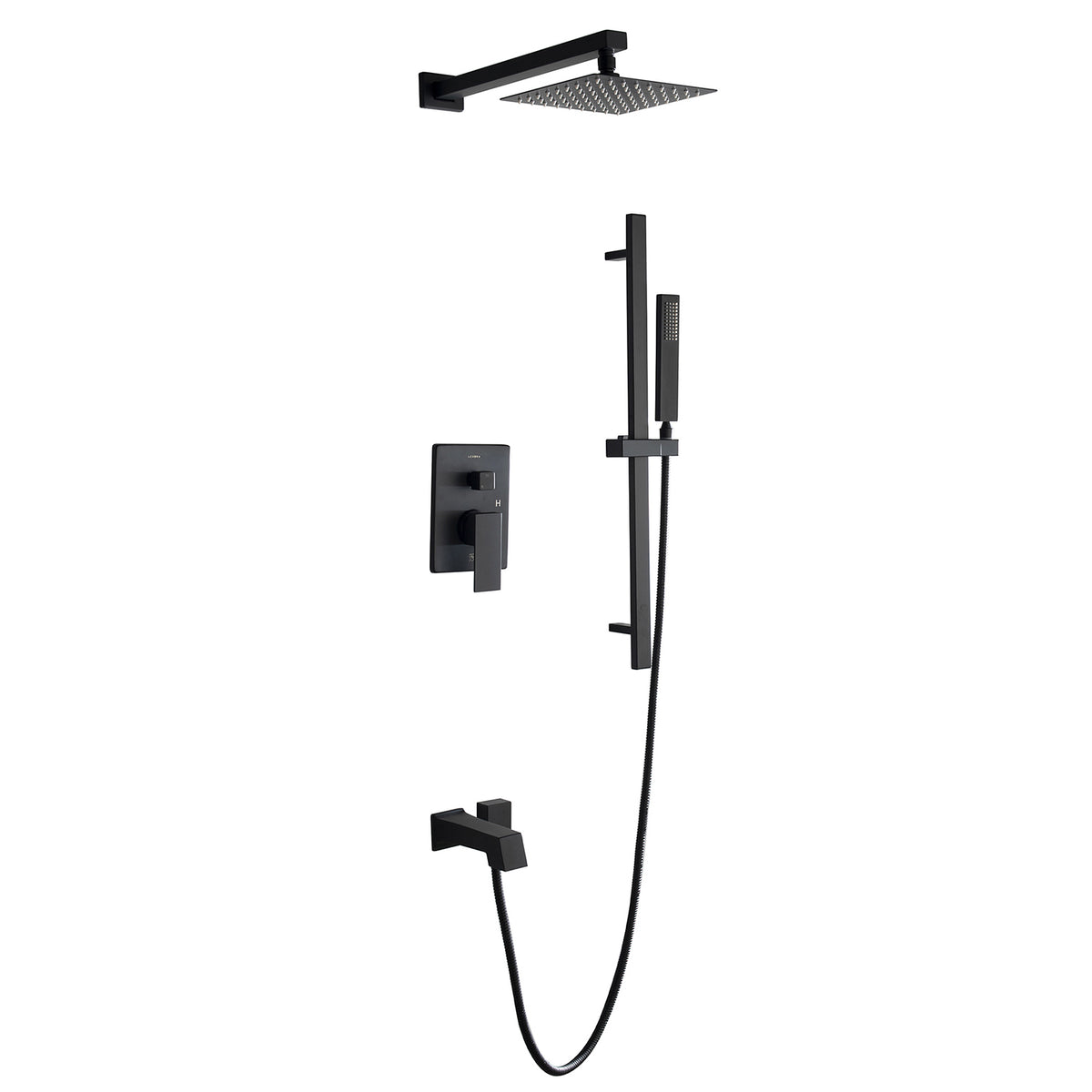 Lexora Cero 1-Spray Tub and Shower Faucet Combo with Square Showerhead and Handheld Shower Wand in Matte Black