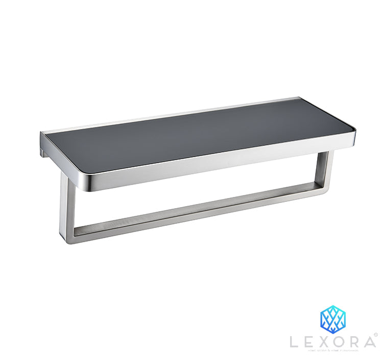 Lexora Bagno Bianca Stainless Steel Black Glass Shelf with Towel Bar in Brushed Nickel