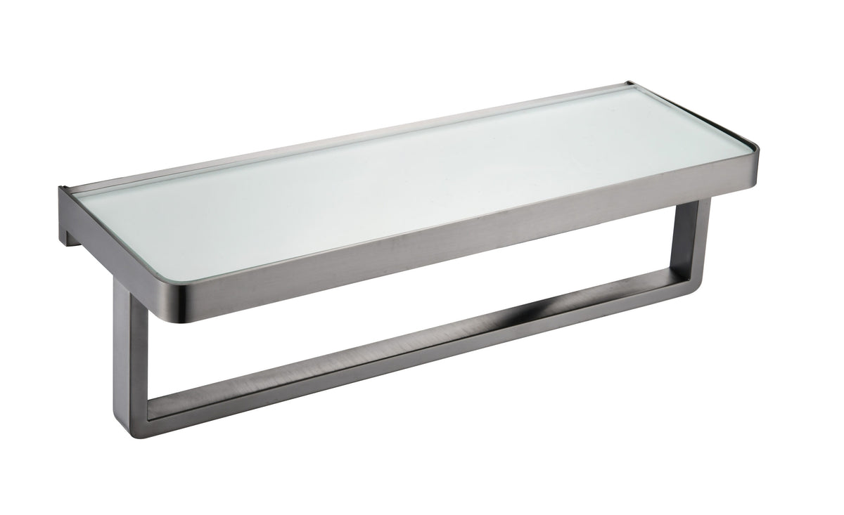 Lexora Bagno Bianca Stainless Steel White Glass Shelf with Towel Bar in Brushed Nickel
